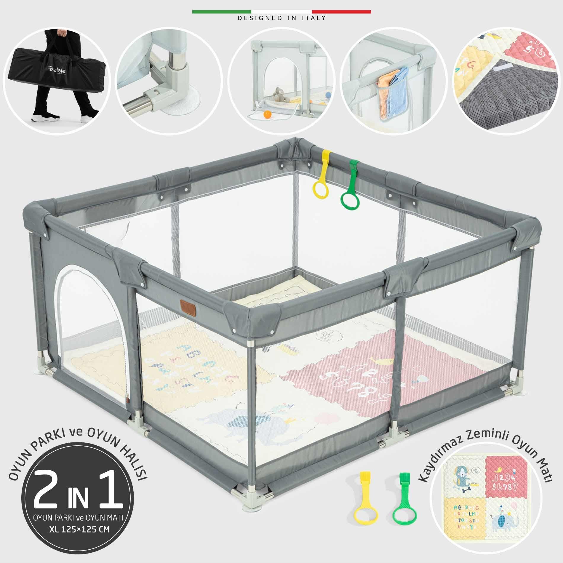 Elele Parma 2in1 Oyun Parkı Oyun Alanı ve Oyun Matı Halısı 125x125 cm Koyu Gri