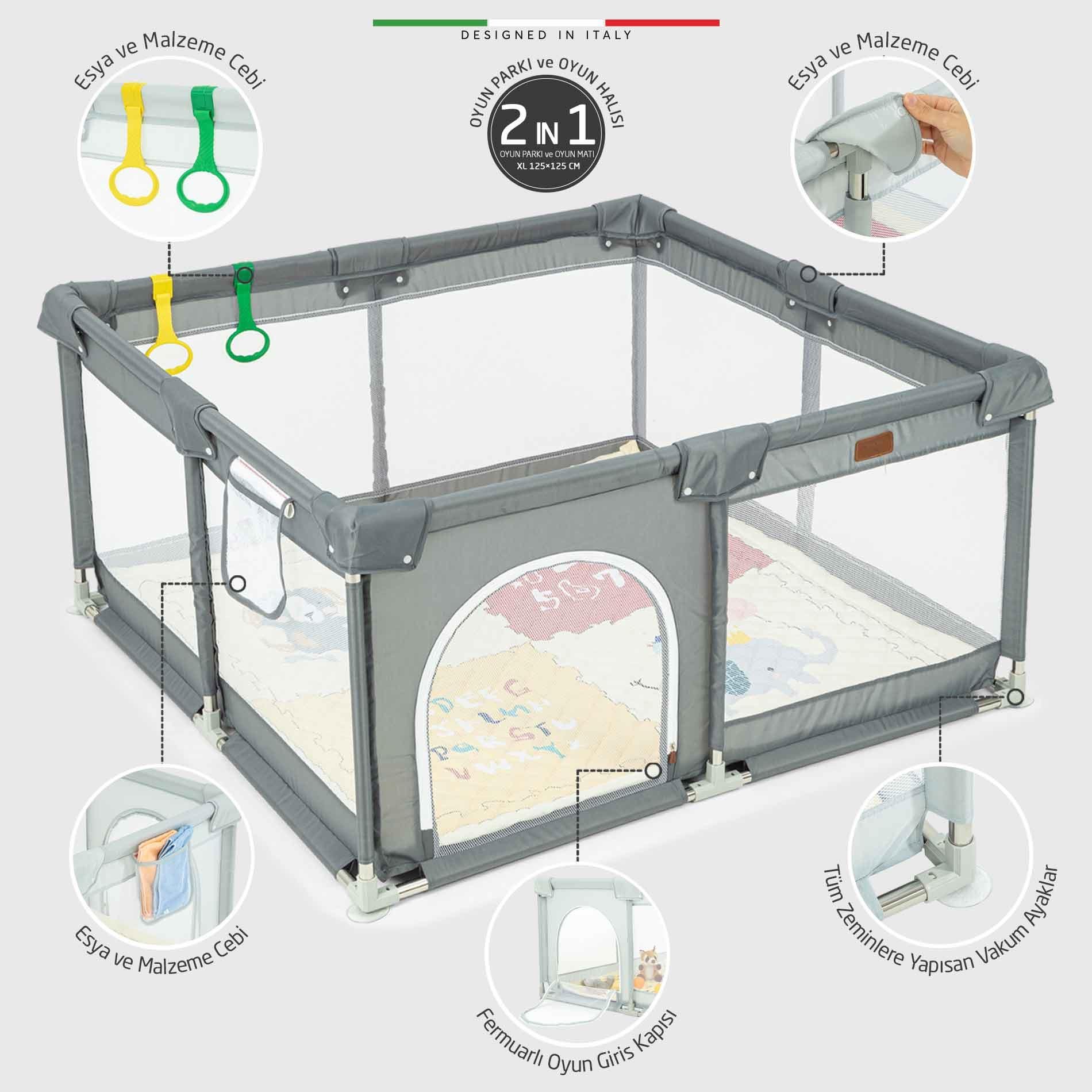 Elele Parma 2in1 Oyun Parkı Oyun Alanı ve Oyun Matı Halısı 125x125 cm Açık Gri