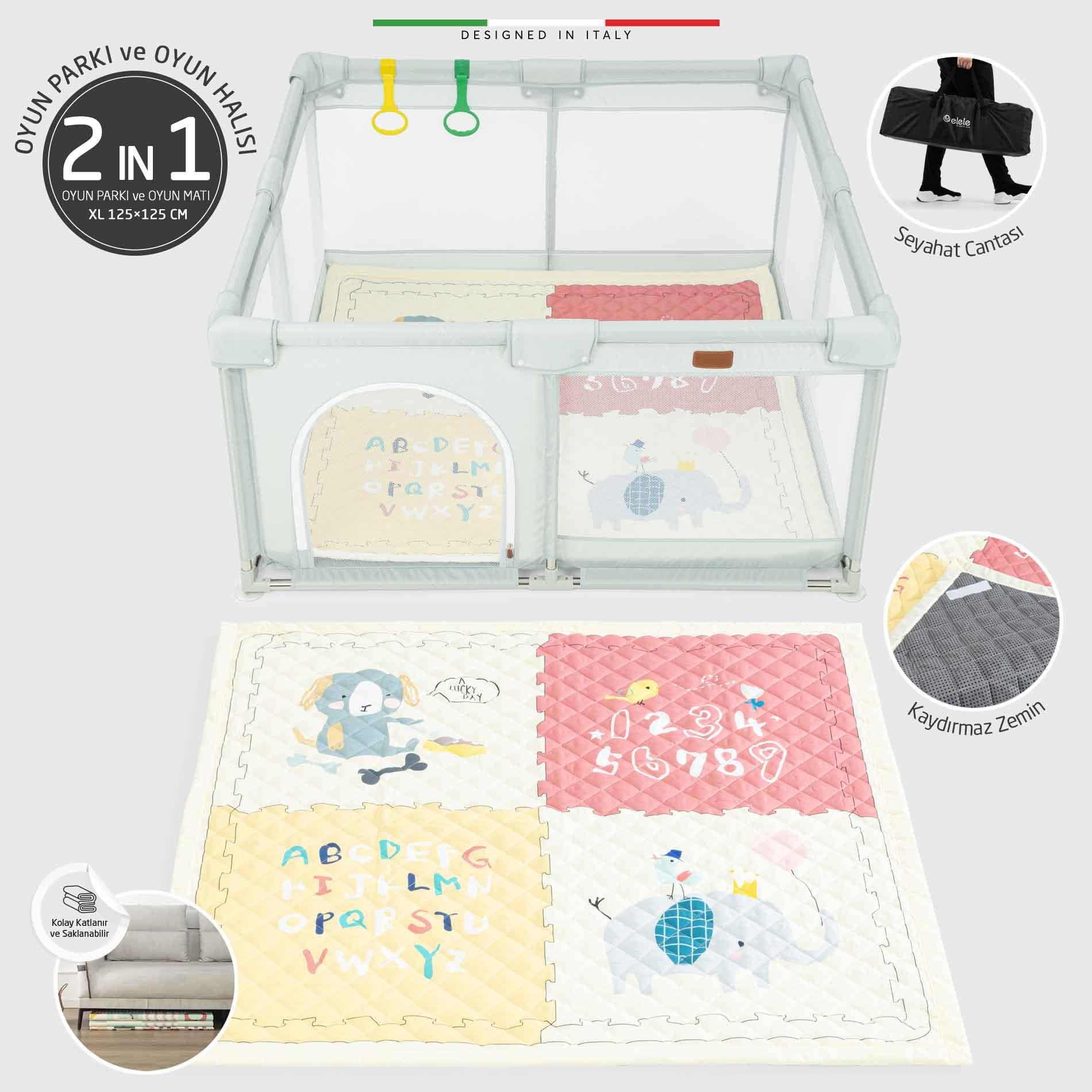 Elele Parma 2in1 Oyun Parkı Oyun Alanı ve Oyun Matı Halısı 125x125 cm Açık Gri