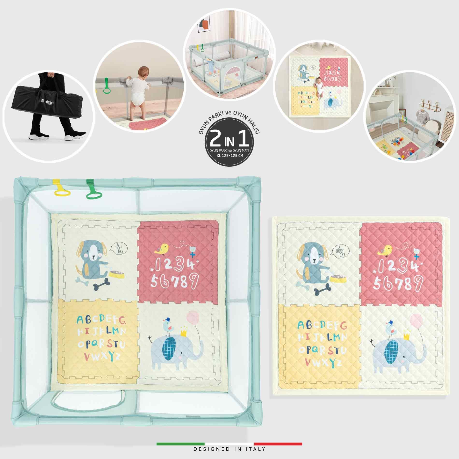 Elele Parma 2in1 Oyun Parkı Oyun Alanı ve Oyun Matı Halısı 125x125 cm Mint