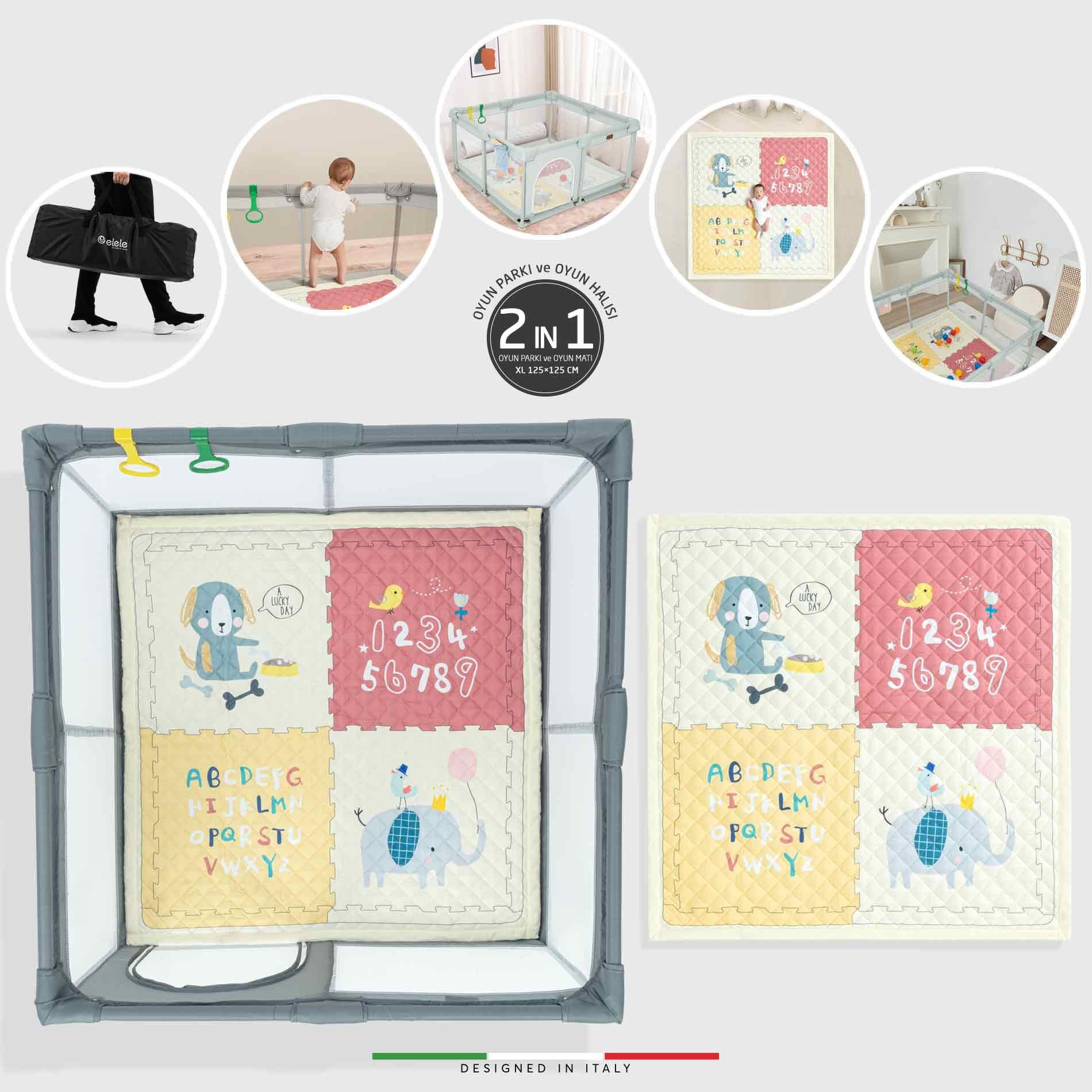 Elele Parma 2in1 Oyun Parkı Oyun Alanı ve Oyun Matı Halısı 125x125 cm Koyu Gri