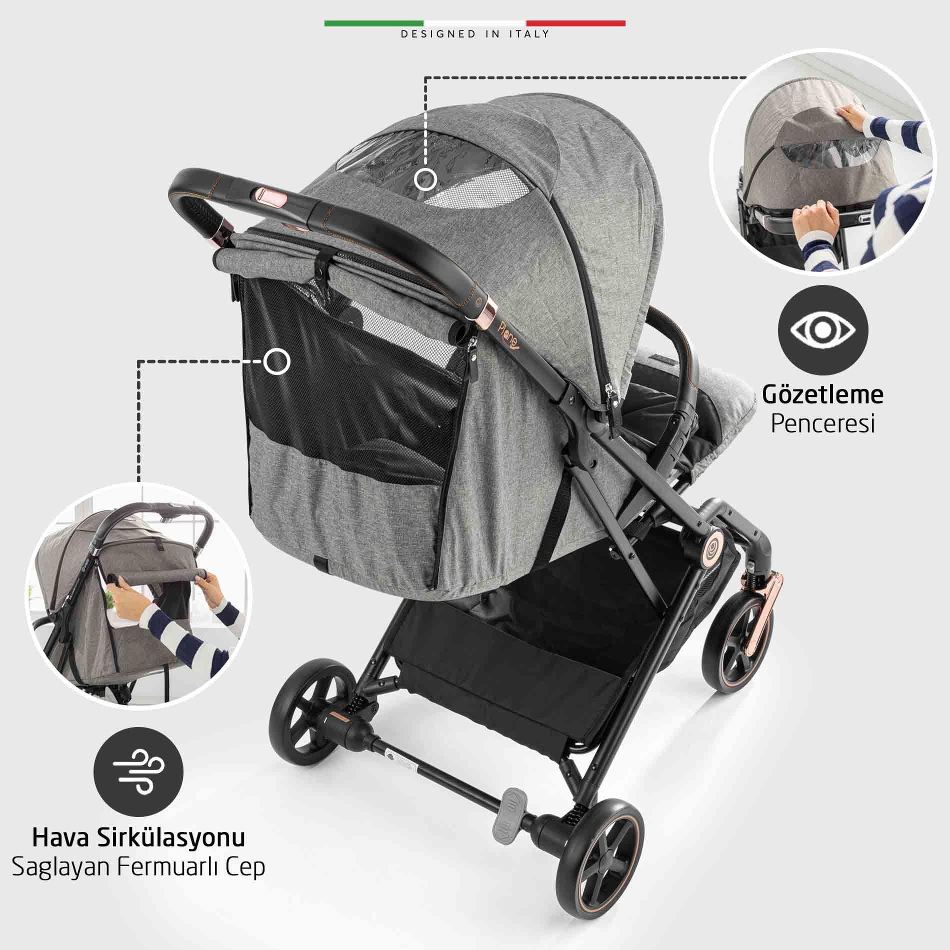 Elele Plane 2 Kabin Tipi Bebek Arabası Rose Gri-Siyah