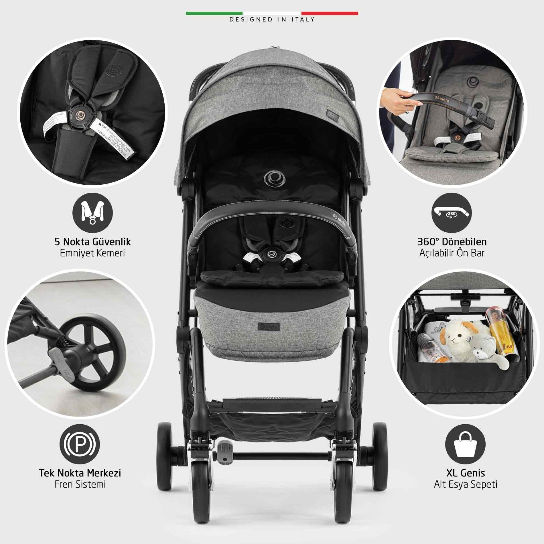 Elele Plane 2 Kabin Tipi Travel Sistem Bebek Arabası Rose Gri-Siyah