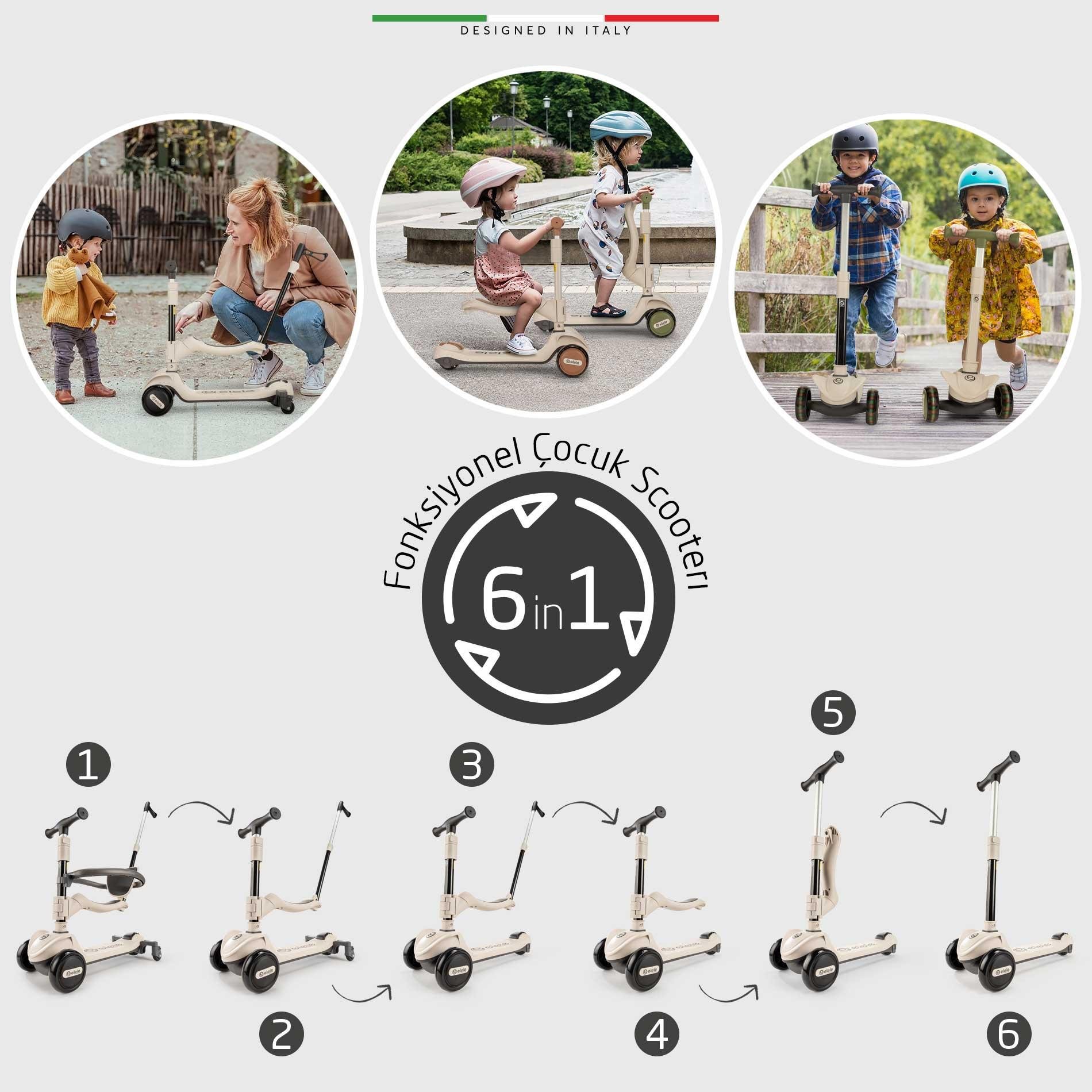 Elele Potenza 4in1 Ebeveyn Kontrollü 5 Tekerlekli Çocuk Scooter Işıklı Oturaklı Siyah