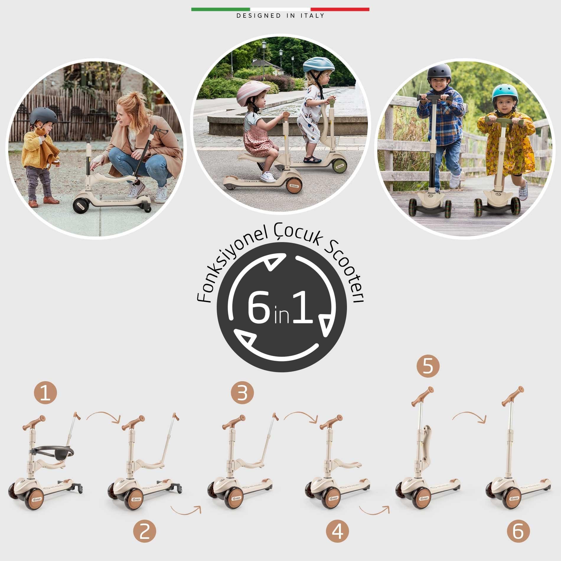 Elele Potenza 4in1 Ebeveyn Kontrollü 5 Tekerlekli Çocuk Scooter Işıklı Oturaklı Kahverengi