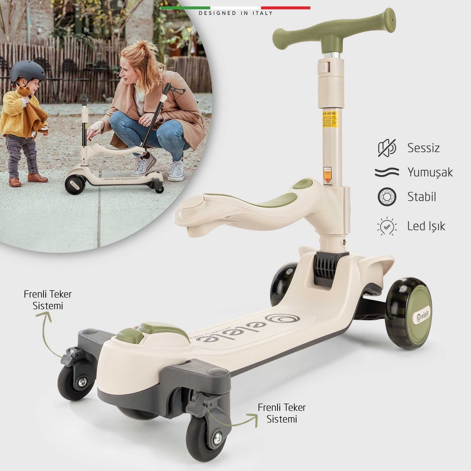 Elele Potenza 4in1 Ebeveyn Kontrollü 5 Tekerlekli Çocuk Scooter Işıklı Oturaklı Siyah