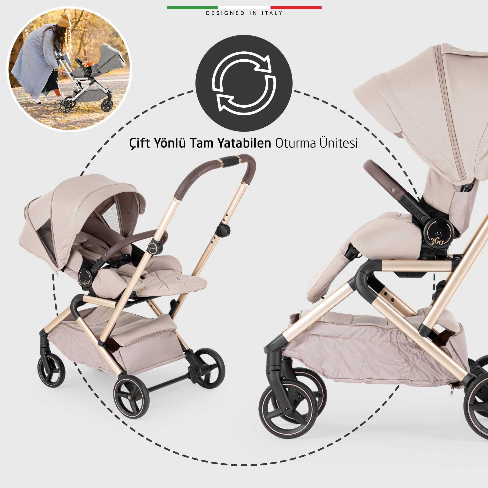 Elele Rotante 360° Dönebilen Çift Yönlü Kabin Tipi Bebek Arabası Bej