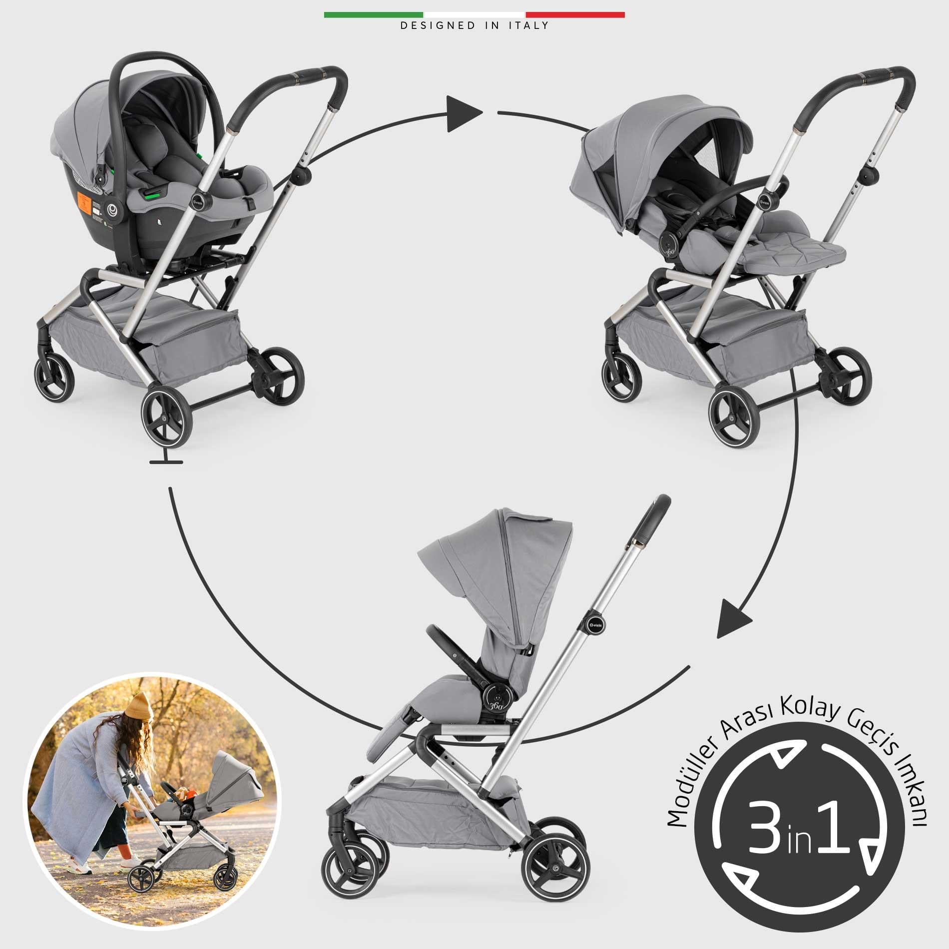 Elele Rotante 360° Dönebilen Çift Yönlü Kabin Tipi Travel Bebek Arabası Gri