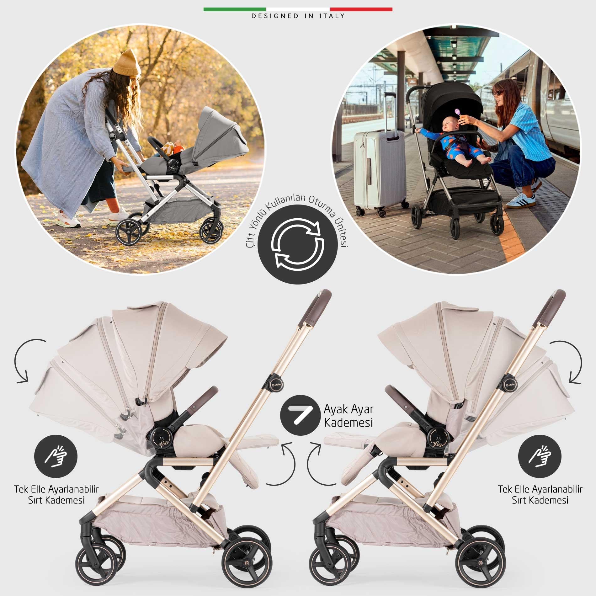 Elele Rotante 360° Dönebilen Çift Yönlü Kabin Tipi Bebek Arabası Gri