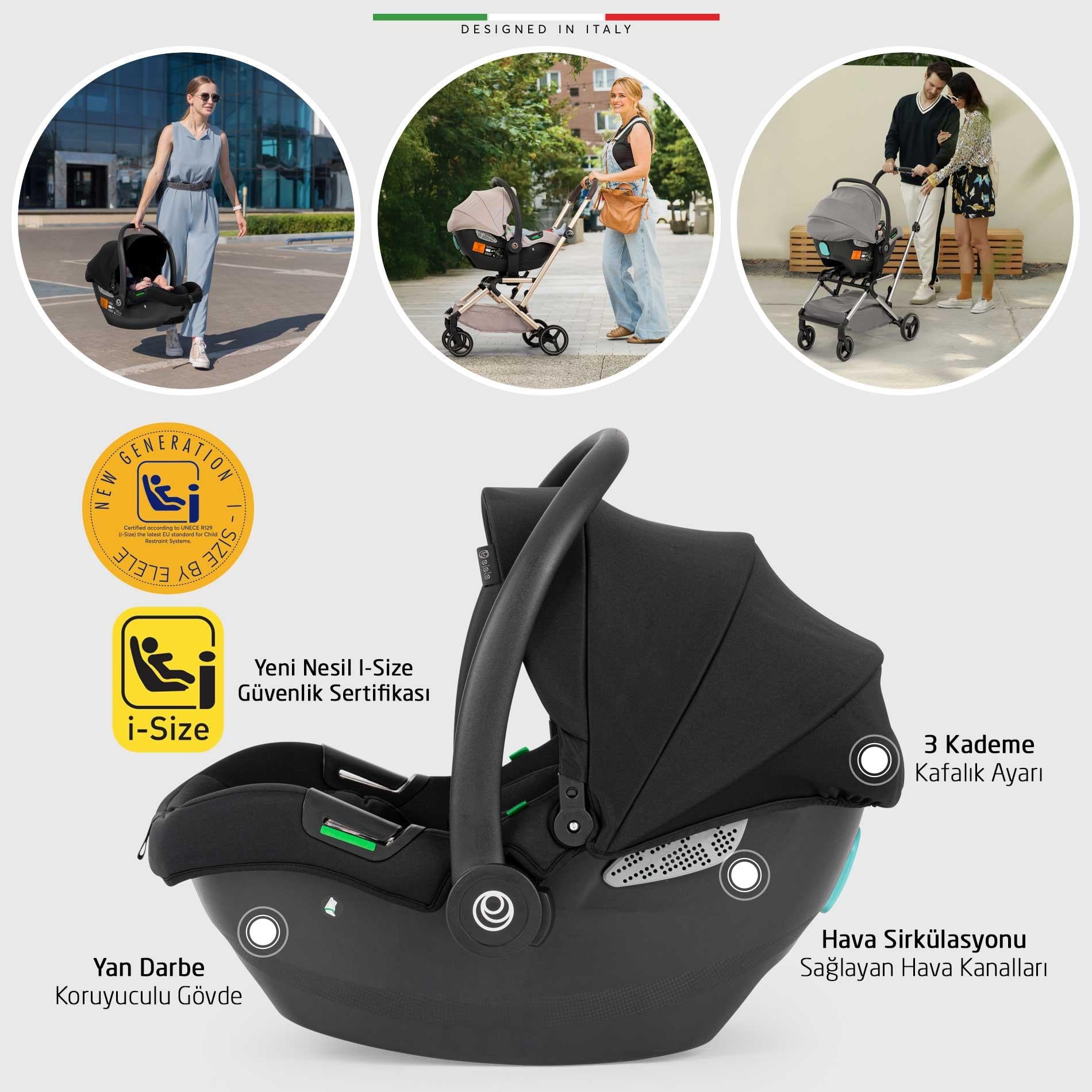 Elele Rotante 360° Dönebilen Çift Yönlü Kabin Tipi Travel Bebek Arabası Siyah