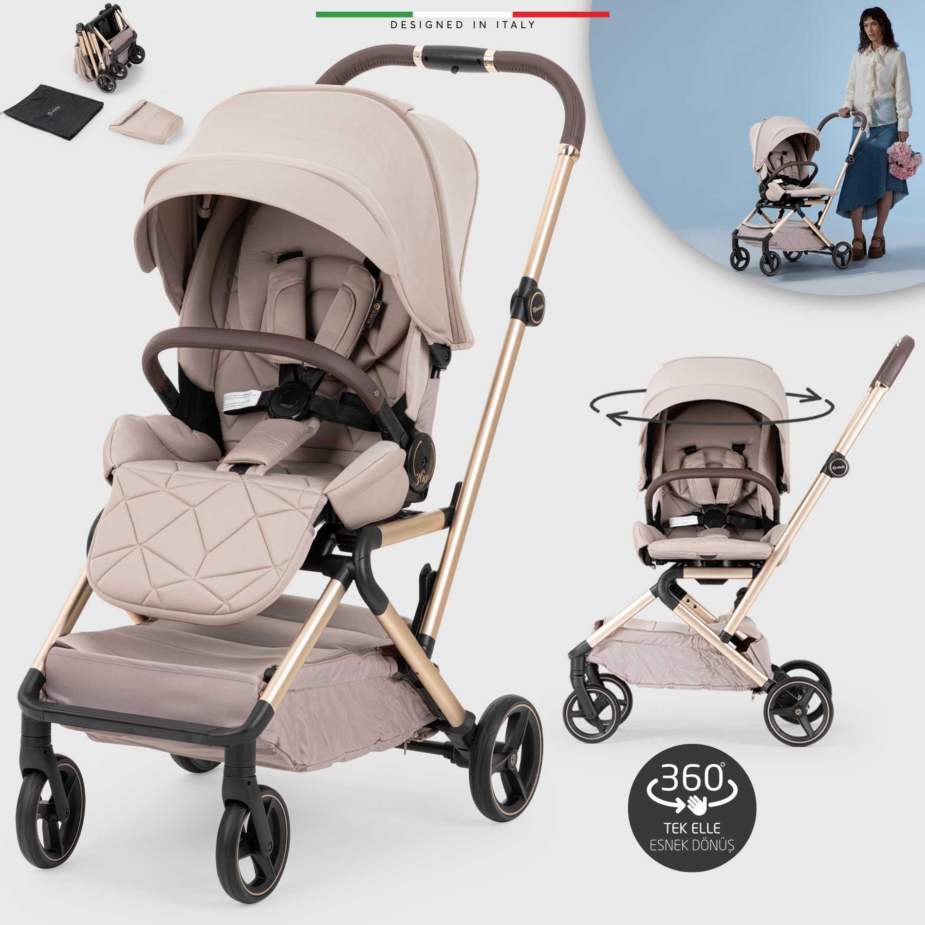 Elele Rotante 360° Dönebilen Çift Yönlü Kabin Tipi Bebek Arabası Bej