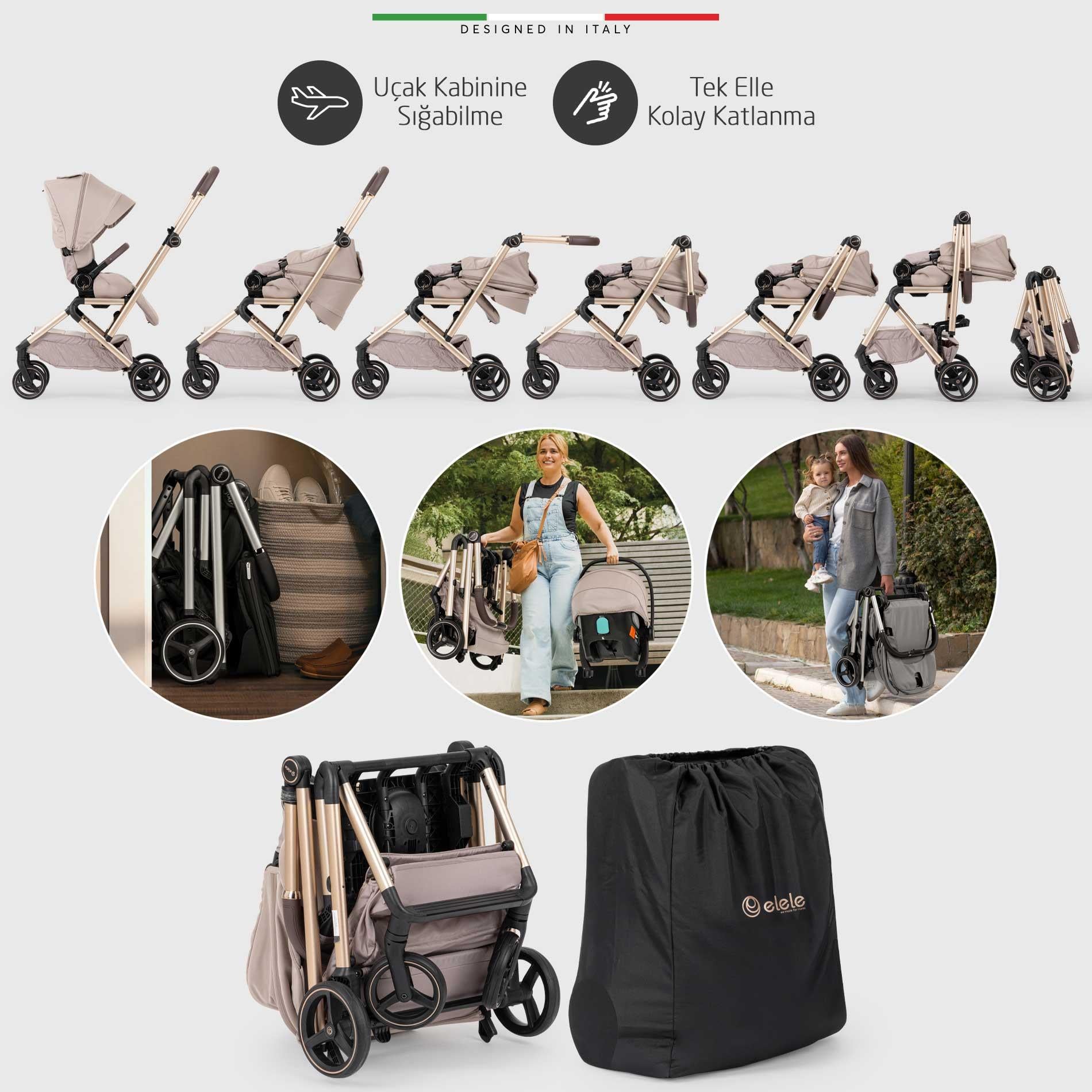 Elele Rotante 360° Dönebilen Çift Yönlü Kabin Tipi Travel Bebek Arabası Siyah