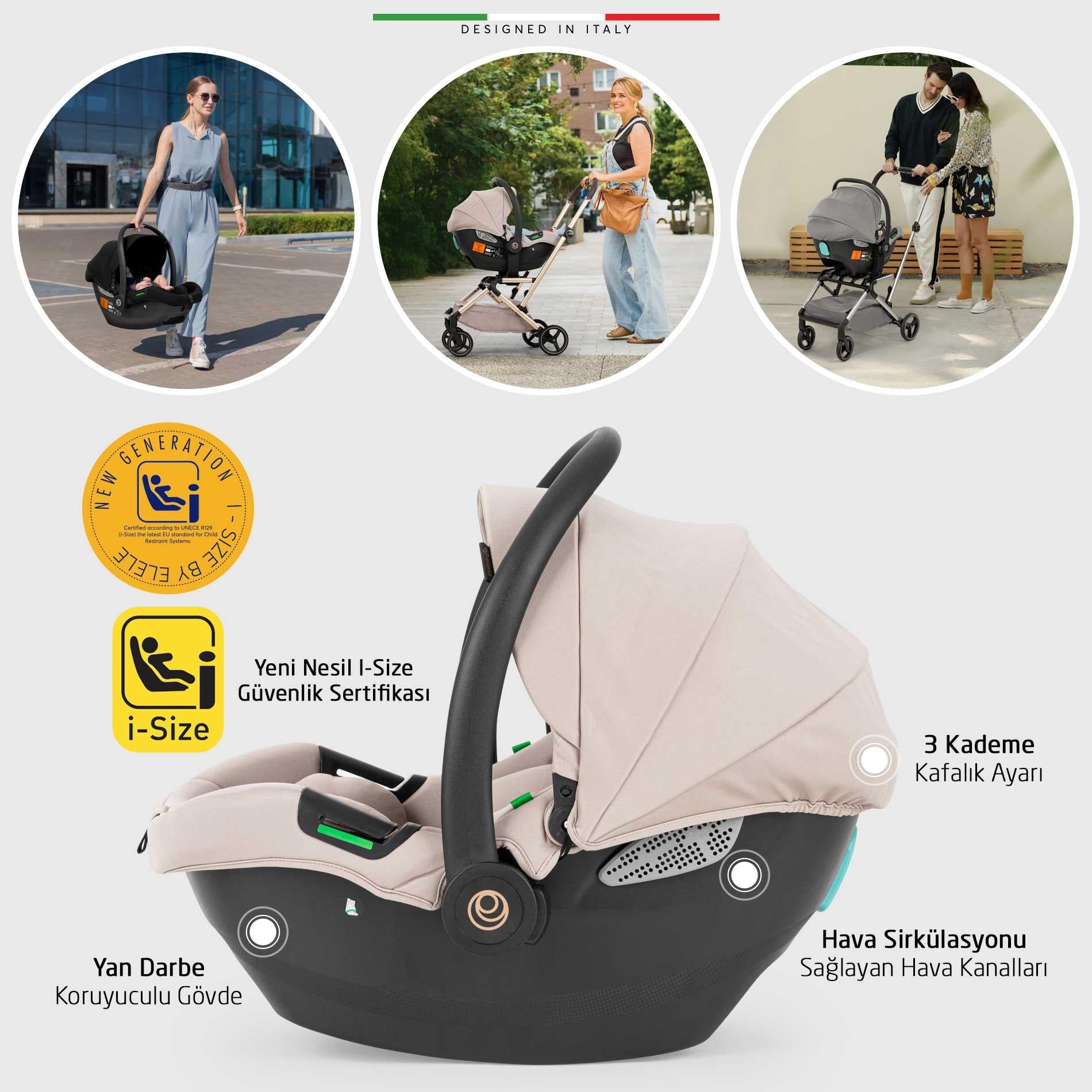 Elele Rotante 360° Dönebilen Çift Yönlü Kabin Tipi Travel Bebek Arabası Bej