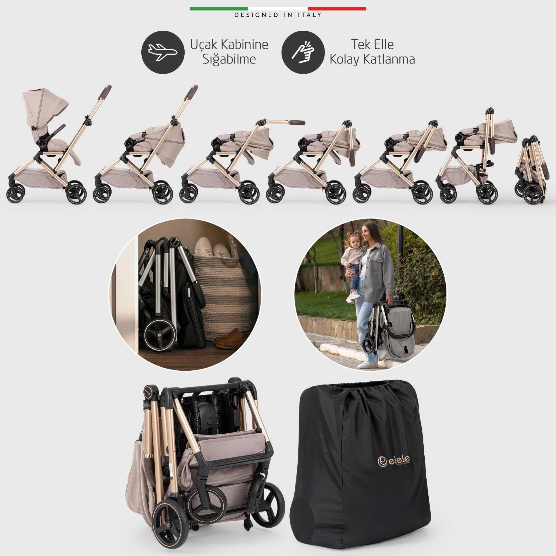 Elele Rotante 360° Dönebilen Çift Yönlü Kabin Tipi Bebek Arabası Bej