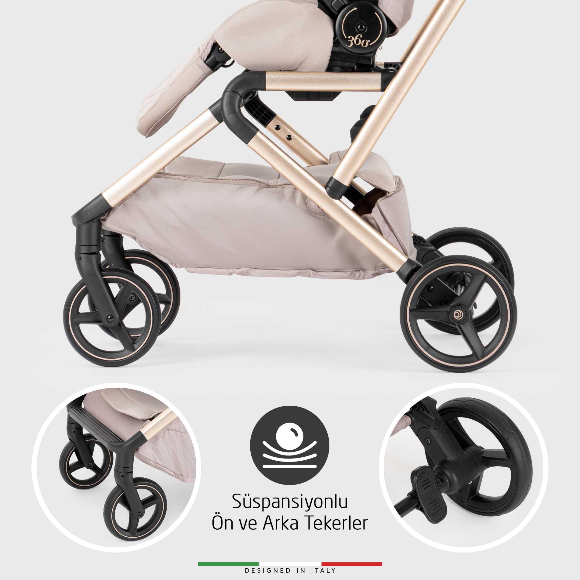 Elele Rotante 360° Dönebilen Çift Yönlü Kabin Tipi Travel Bebek Arabası Bej