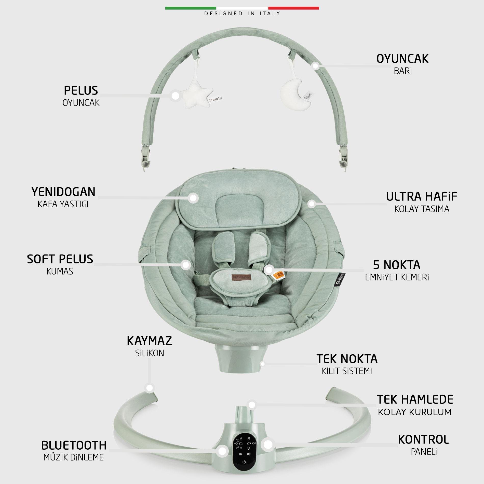 Elele Sette Elektrikli Otomatik Sallanan Ana Kucağı Yeşil