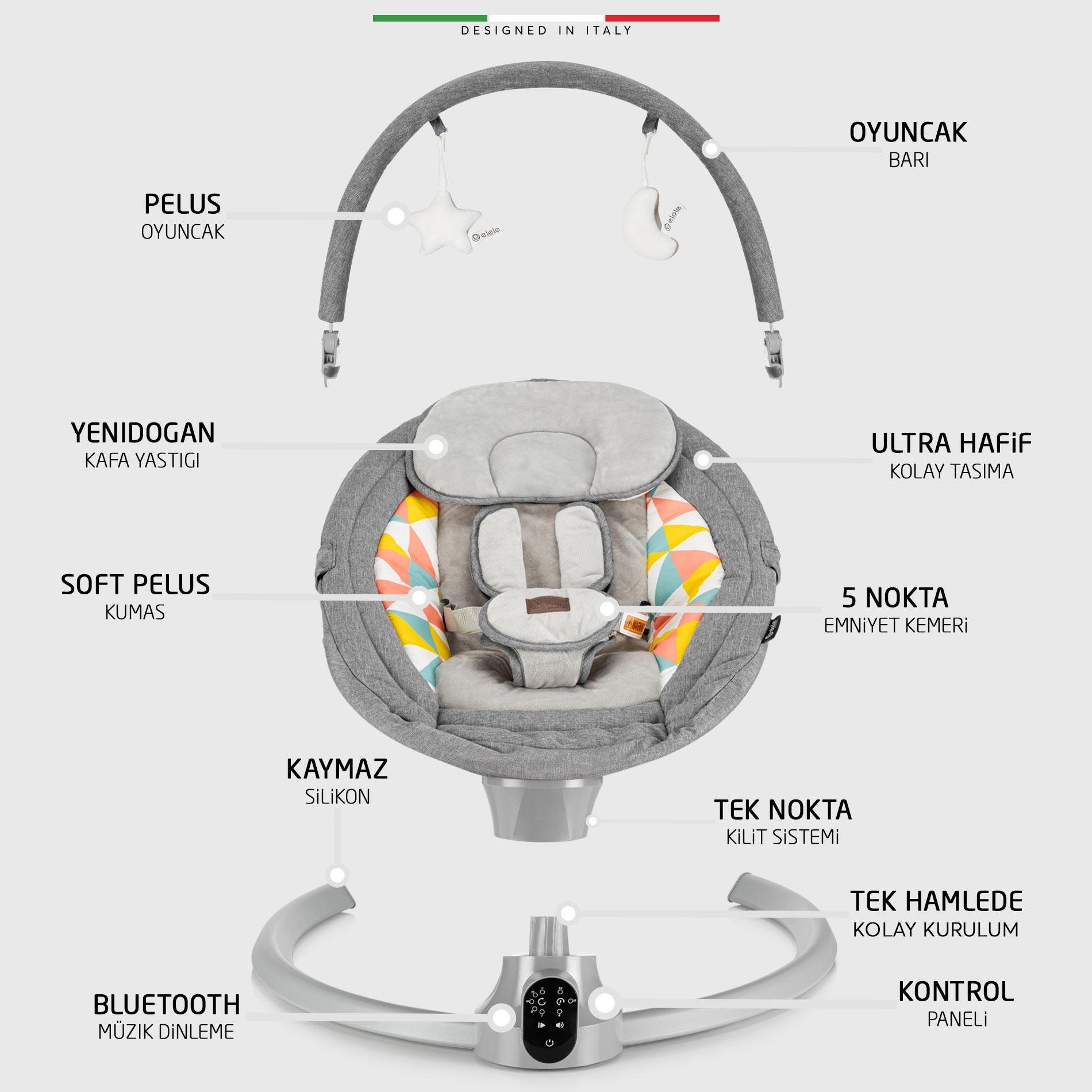 Elele Sette Elektrikli Otomatik Sallanan Ana Kucağı Gri