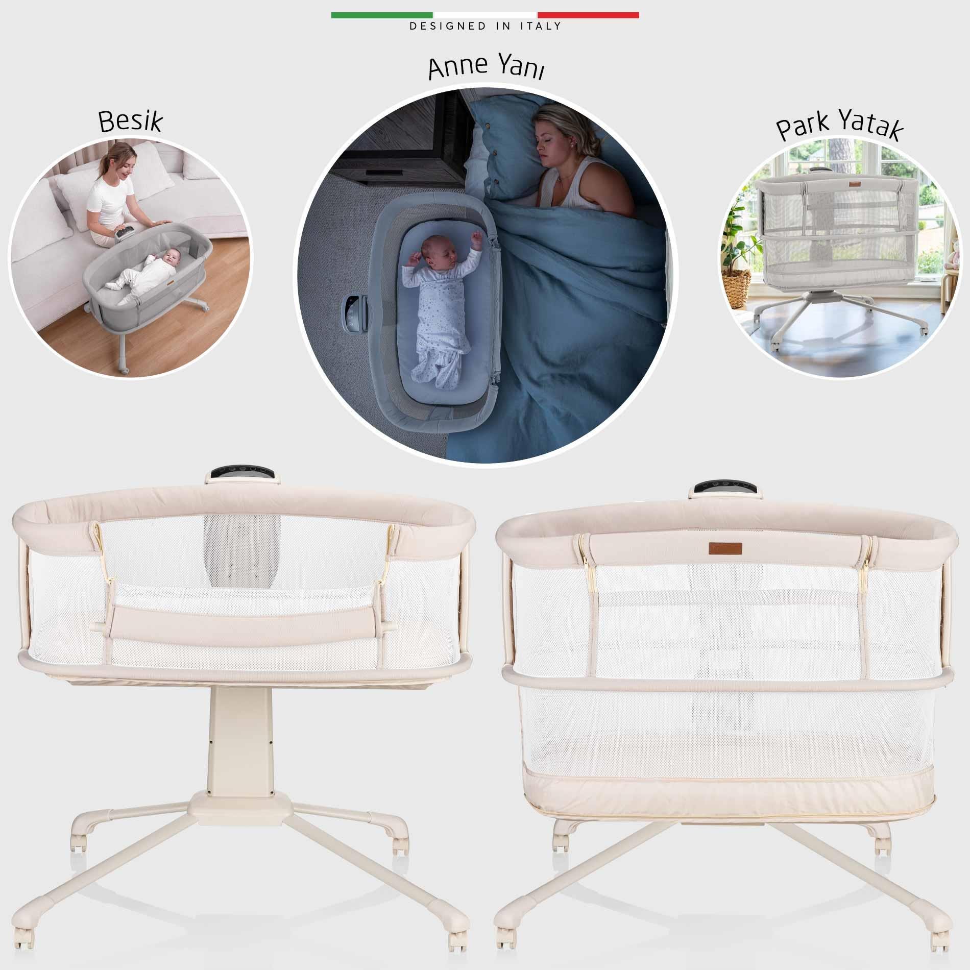 Elele Sonno 3in1 Elektrikli Otomatik Sallanan Anne Yanı Beşik Park Yatak Kademeli Bej