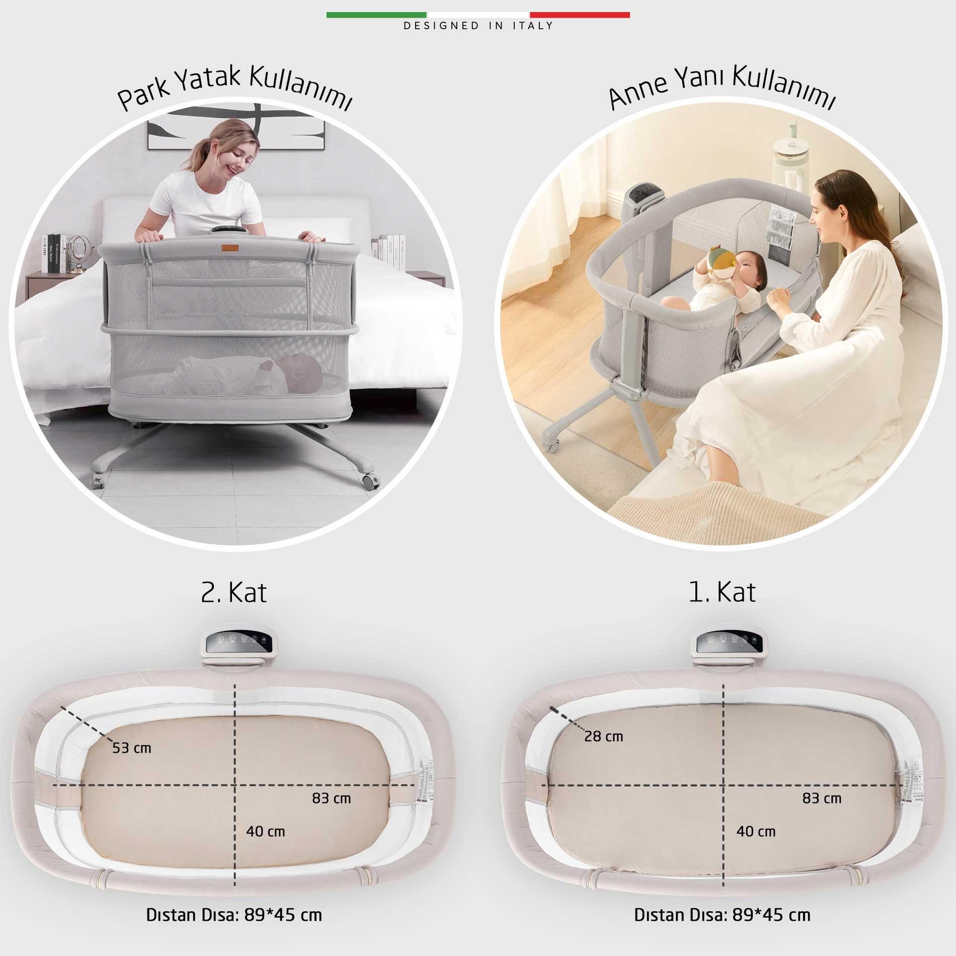 Elele Sonno 3in1 Elektrikli Otomatik Sallanan Anne Yanı Beşik Park Yatak Kademeli Bej