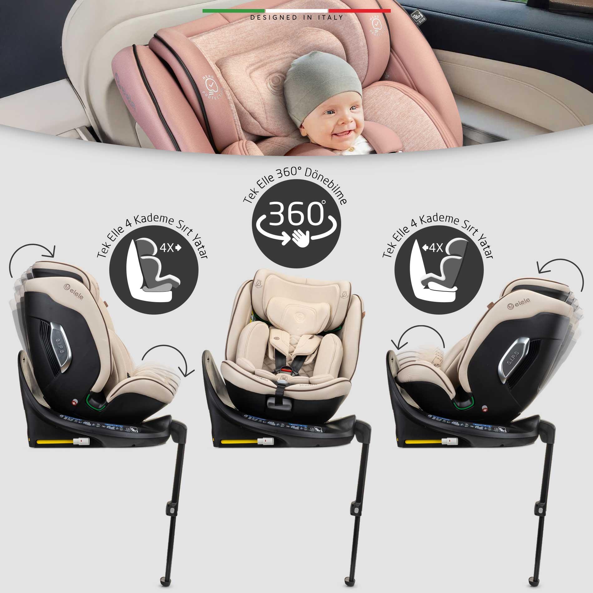 Elele StradaFix 360° Dönen I-Size Oto Koltuğu İsoFix 40-150 CM 0-36 KG Pudra
