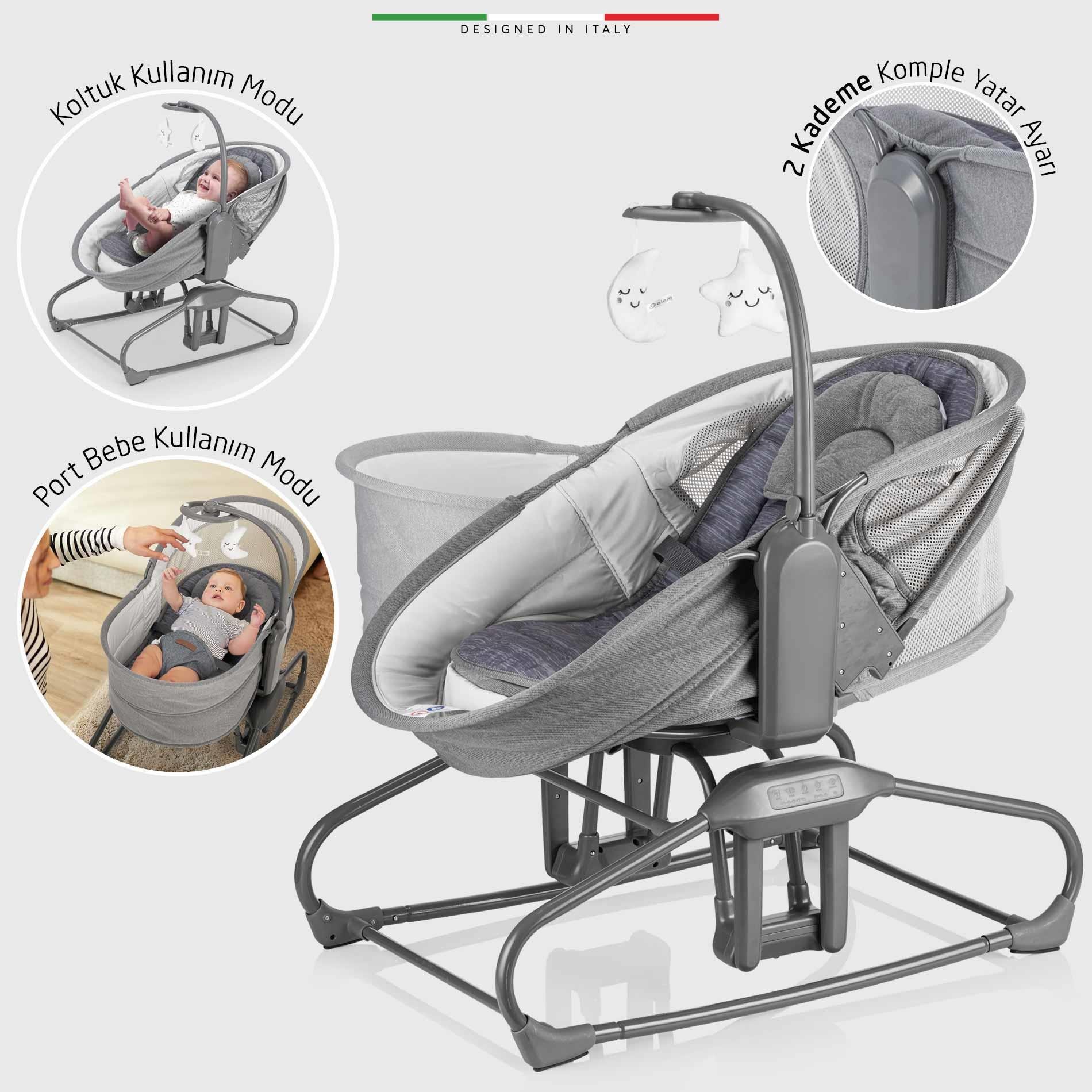 Elele Verde Elektrikli Otomatik Sallanan Ana Kucağı Beşik 360° Dönebilir Kademeli Gri