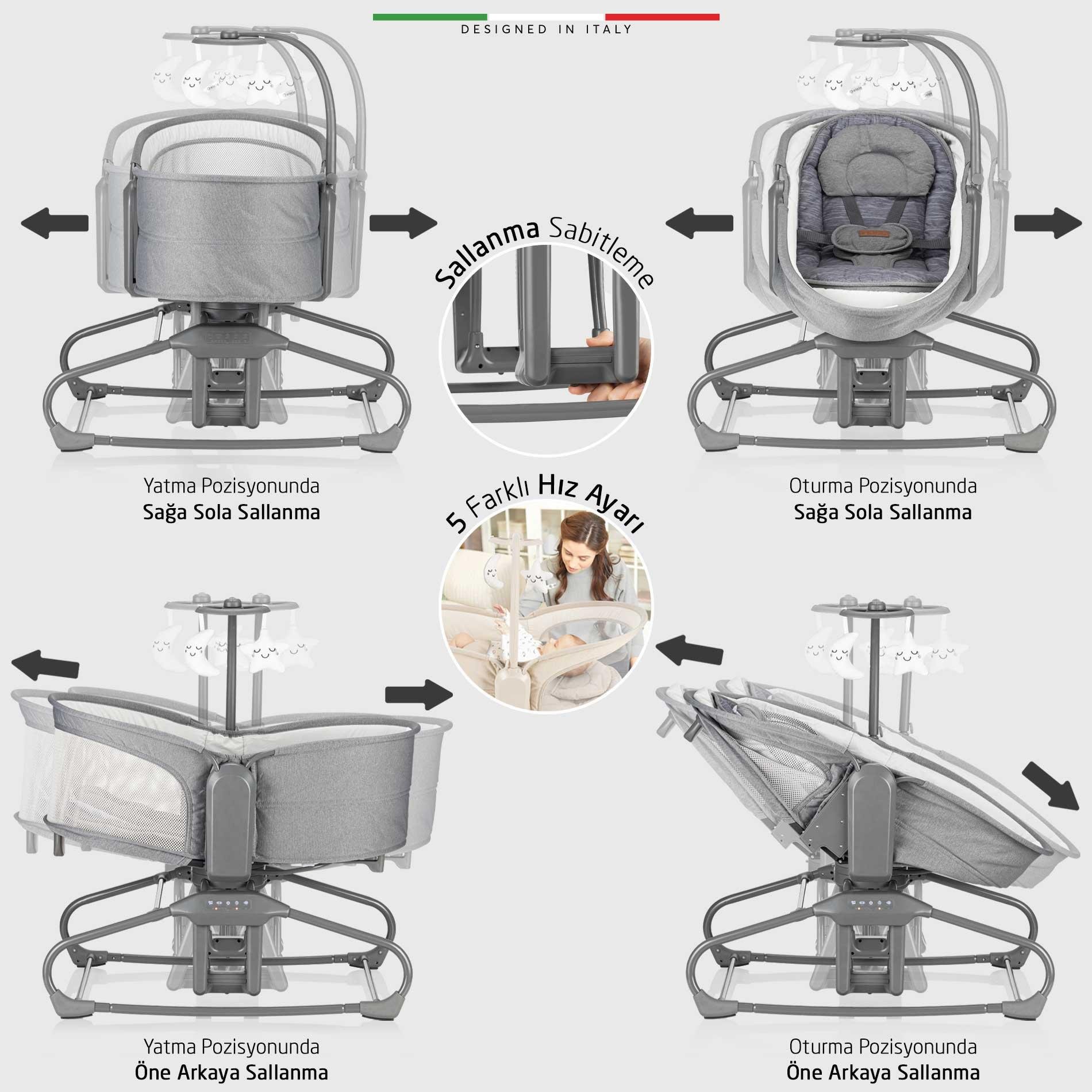 Elele Verde Elektrikli Otomatik Sallanan Ana Kucağı Beşik 360° Dönebilir Kademeli Gri