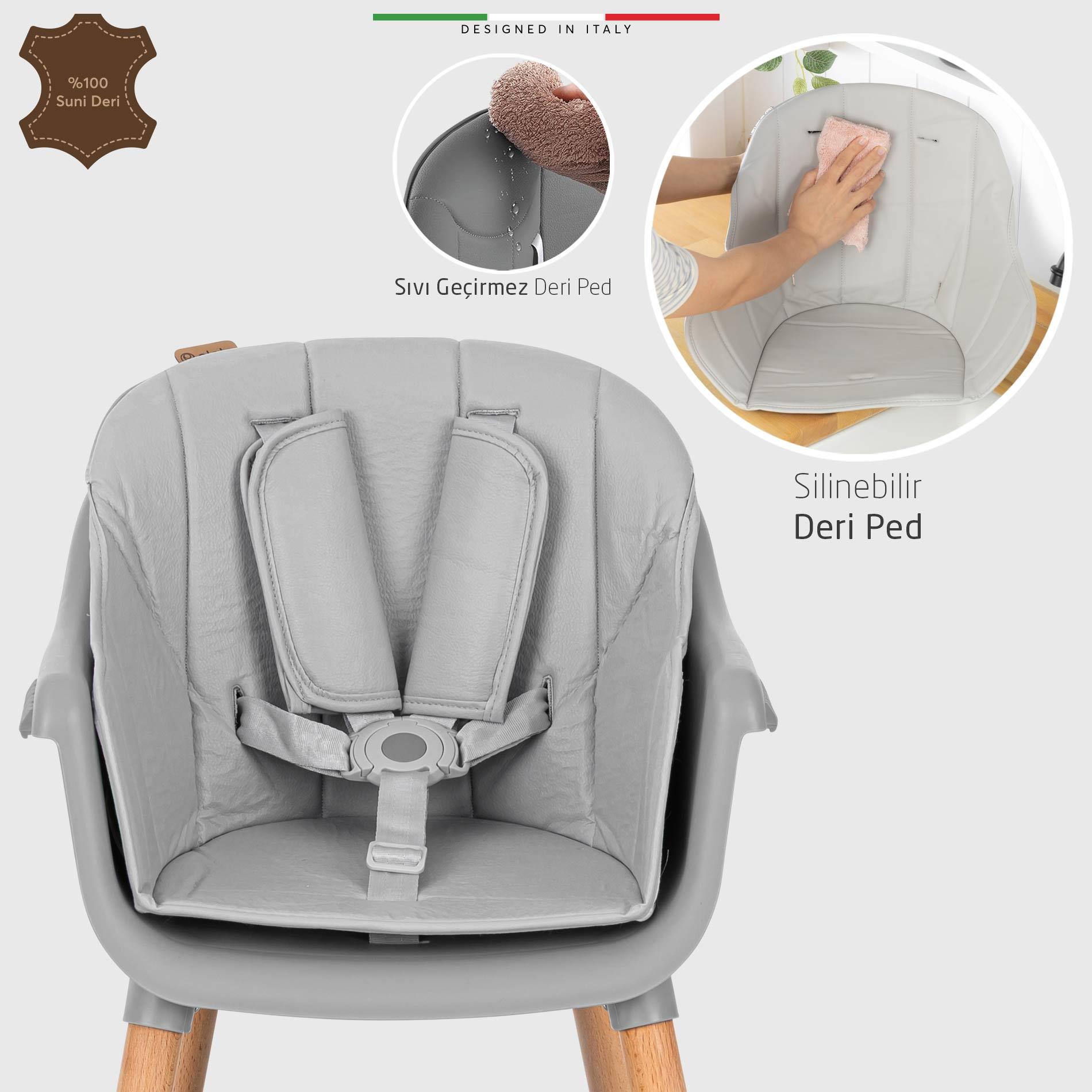 Elele Verona 4in1 Ahşap Bebek Mama Sandalyesi ve Mama Oturağı Deri Pedli Gri