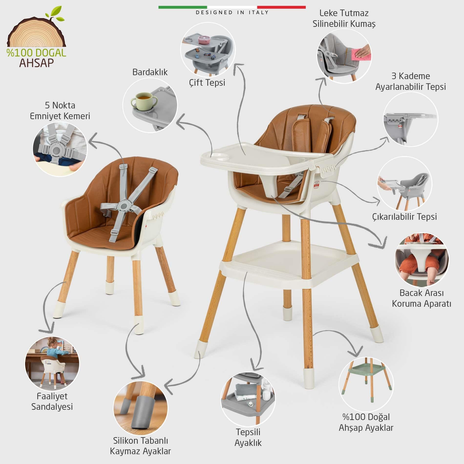 Elele Verona 4in1 Ahşap Bebek Mama Sandalyesi ve Mama Oturağı Deri Pedli Ekru