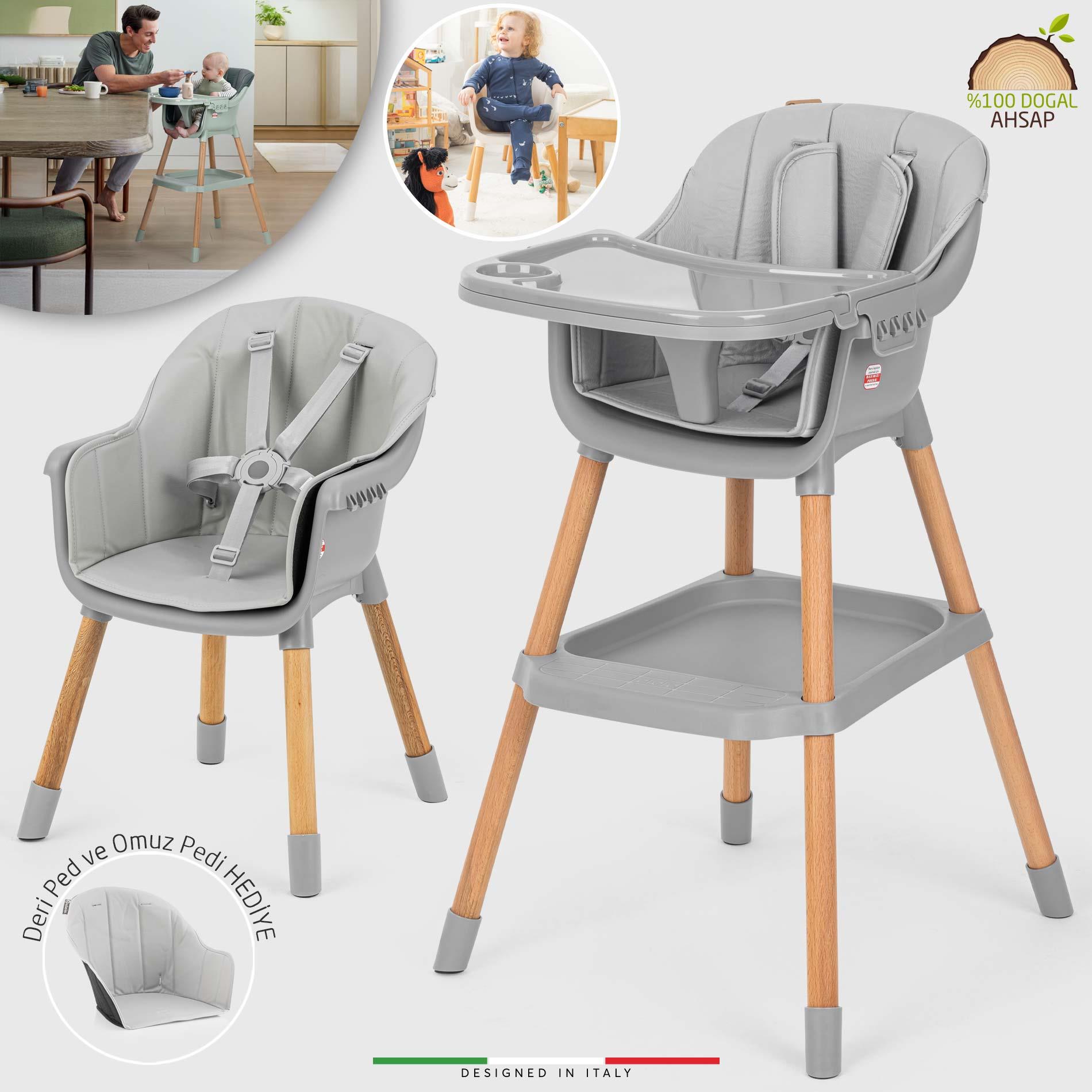 Elele Verona 4in1 Ahşap Bebek Mama Sandalyesi ve Mama Oturağı Deri Pedli Gri