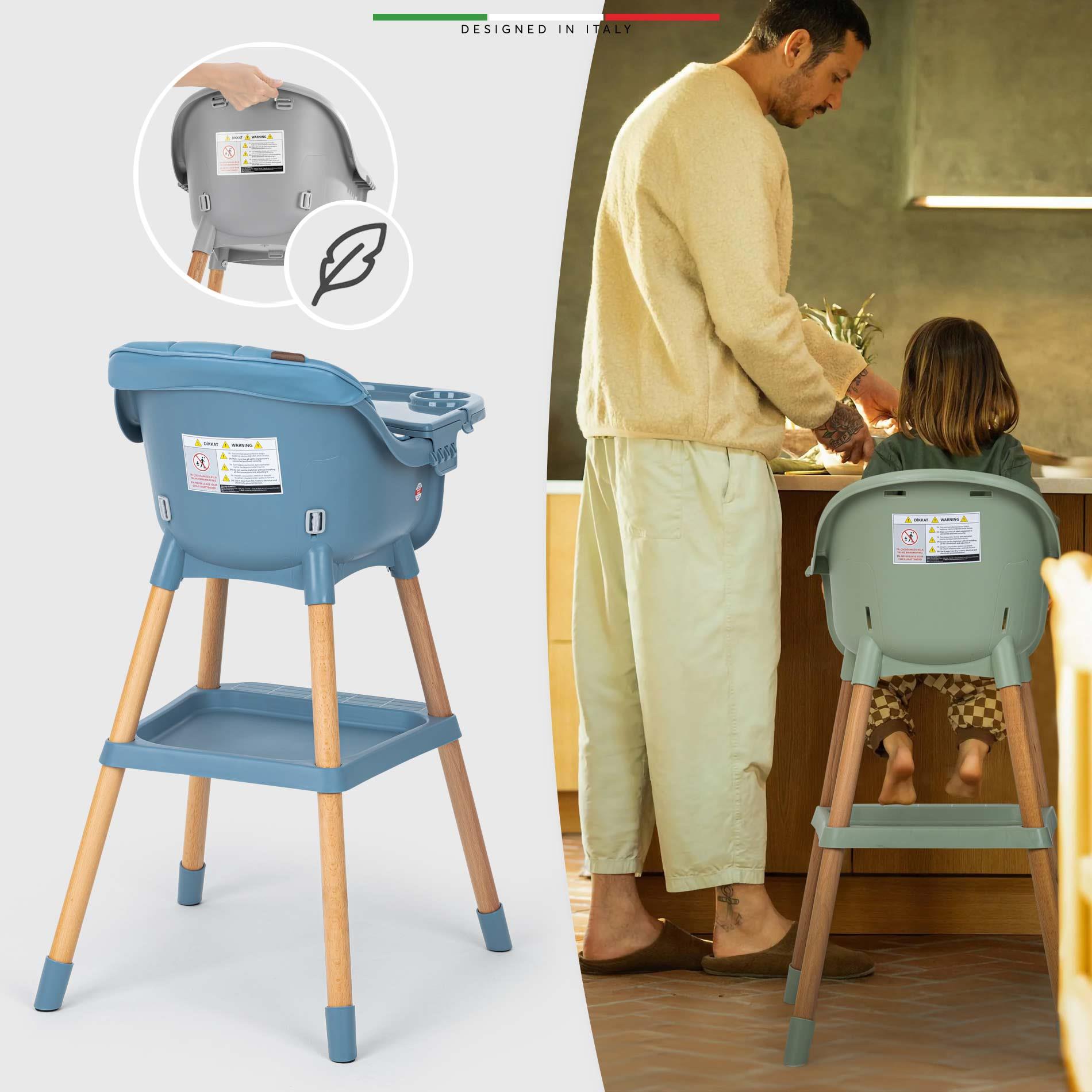 Elele Verona 4in1 Ahşap Bebek Mama Sandalyesi ve Mama Oturağı Deri Pedli Mavi