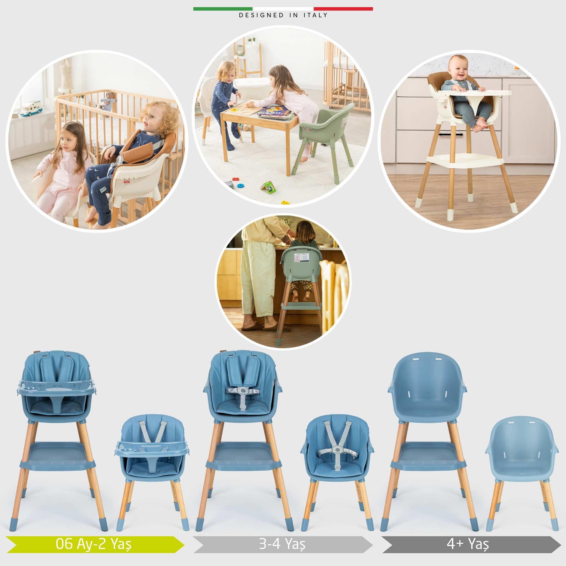 Elele Verona 4in1 Ahşap Bebek Mama Sandalyesi ve Mama Oturağı Deri Pedli Mavi