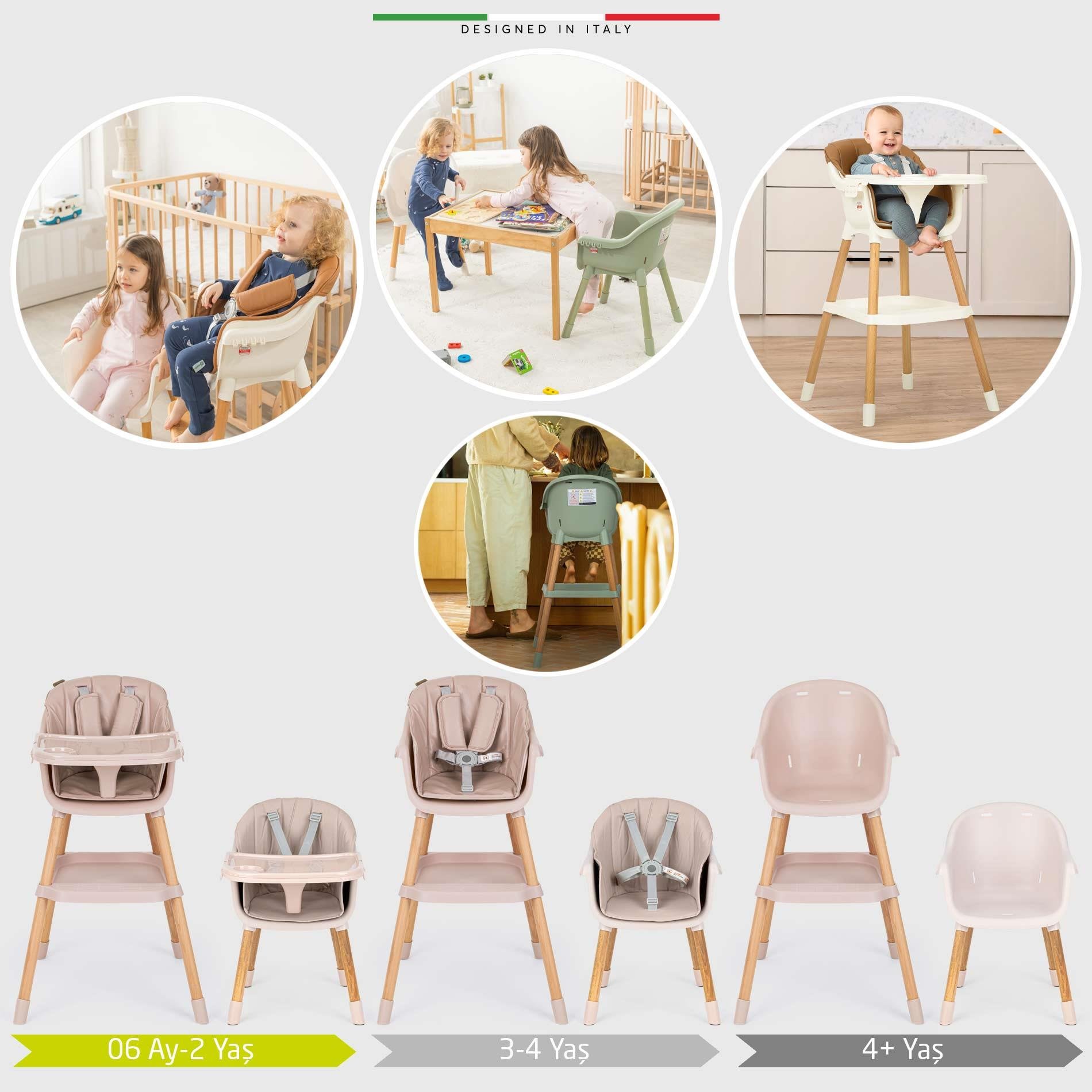 Elele Verona 4in1 Ahşap Bebek Mama Sandalyesi ve Mama Oturağı Deri Pedli Pudra