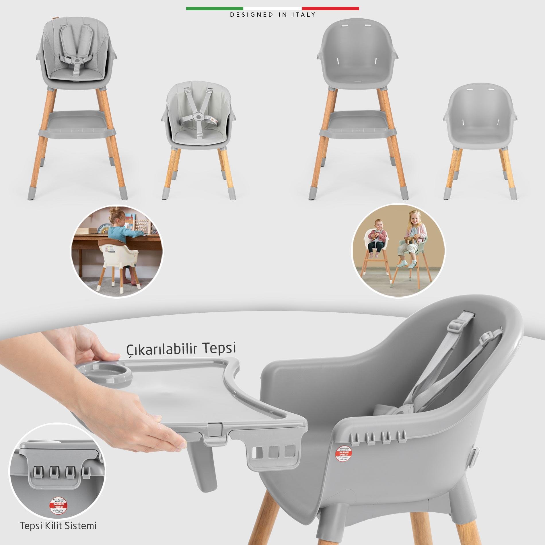 Elele Verona 4in1 Ahşap Bebek Mama Sandalyesi ve Mama Oturağı Deri Pedli Gri