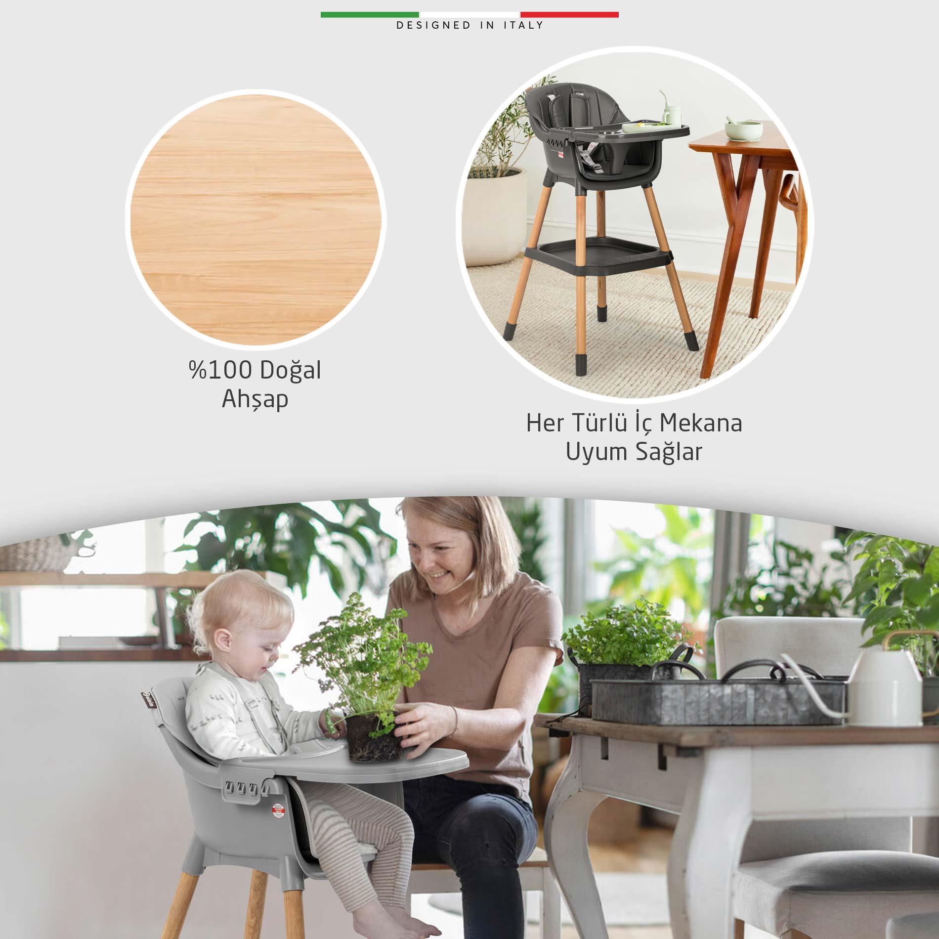 Elele Verona 4in1 Ahşap Bebek Mama Sandalyesi ve Mama Oturağı Deri Pedli Mavi