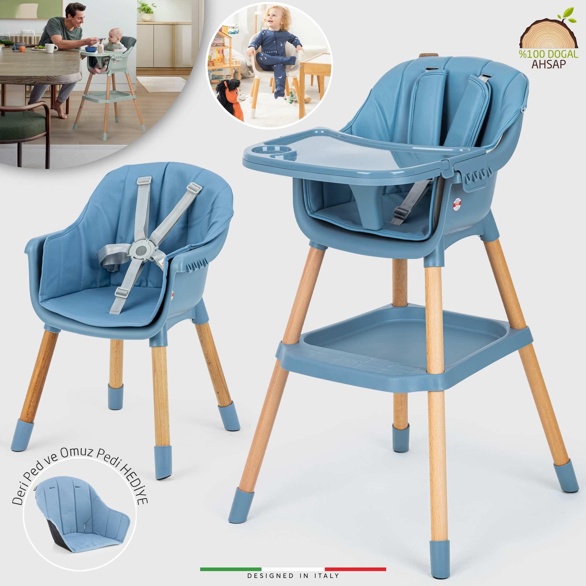 Elele Verona 4in1 Ahşap Bebek Mama Sandalyesi ve Mama Oturağı Deri Pedli Mavi