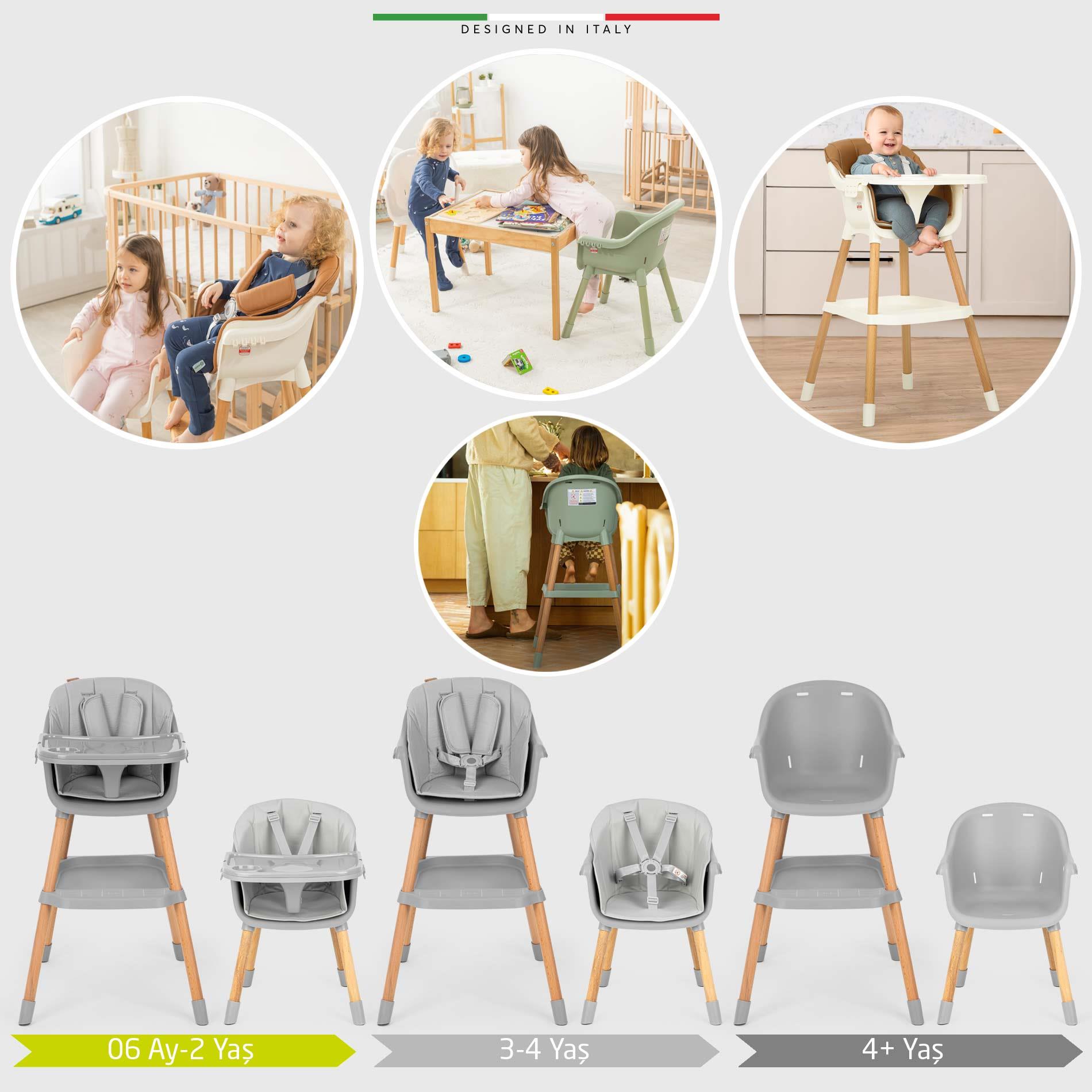 Elele Verona 4in1 Ahşap Bebek Mama Sandalyesi ve Mama Oturağı Deri Pedli Gri