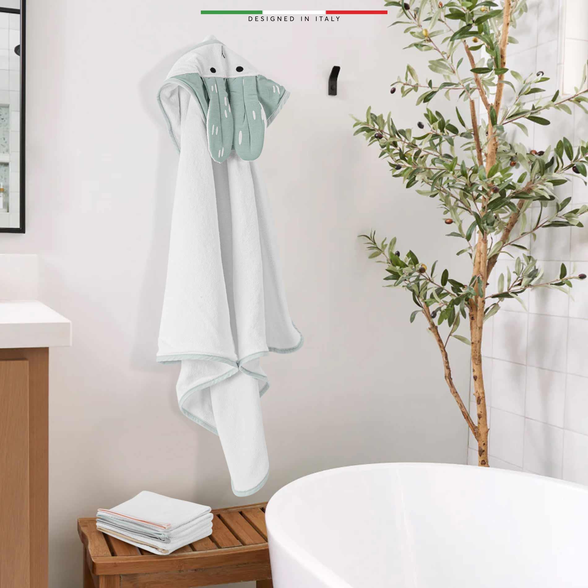 EleleLife Bagno Pamuk Kapüşonlu Bebek Banyo Havlu Kundak Tavşan Figürlü 90x90 cm Pudra