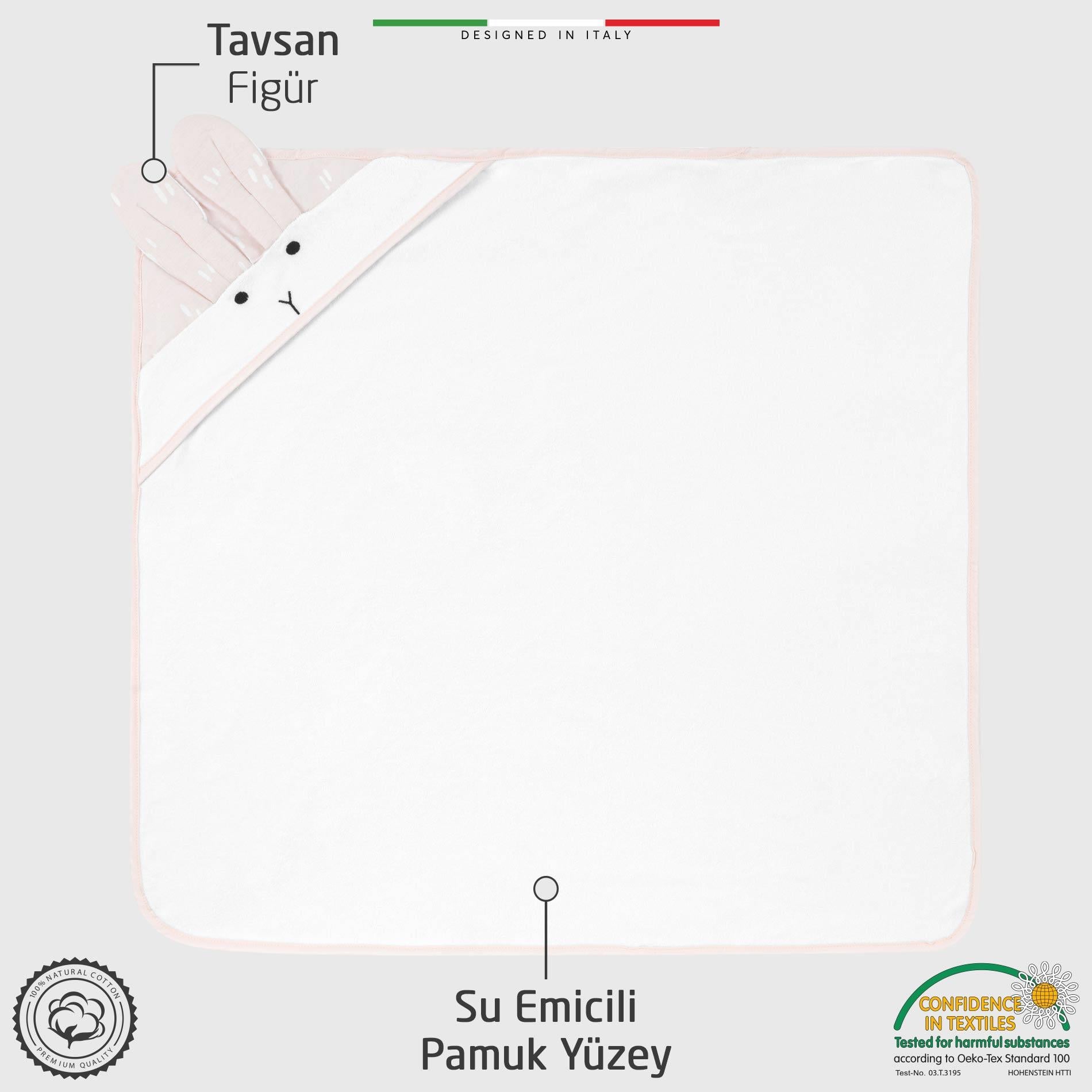 EleleLife Bagno Pamuk Kapüşonlu Bebek Banyo Havlu Kundak Tavşan Figürlü 90x90 cm Pudra