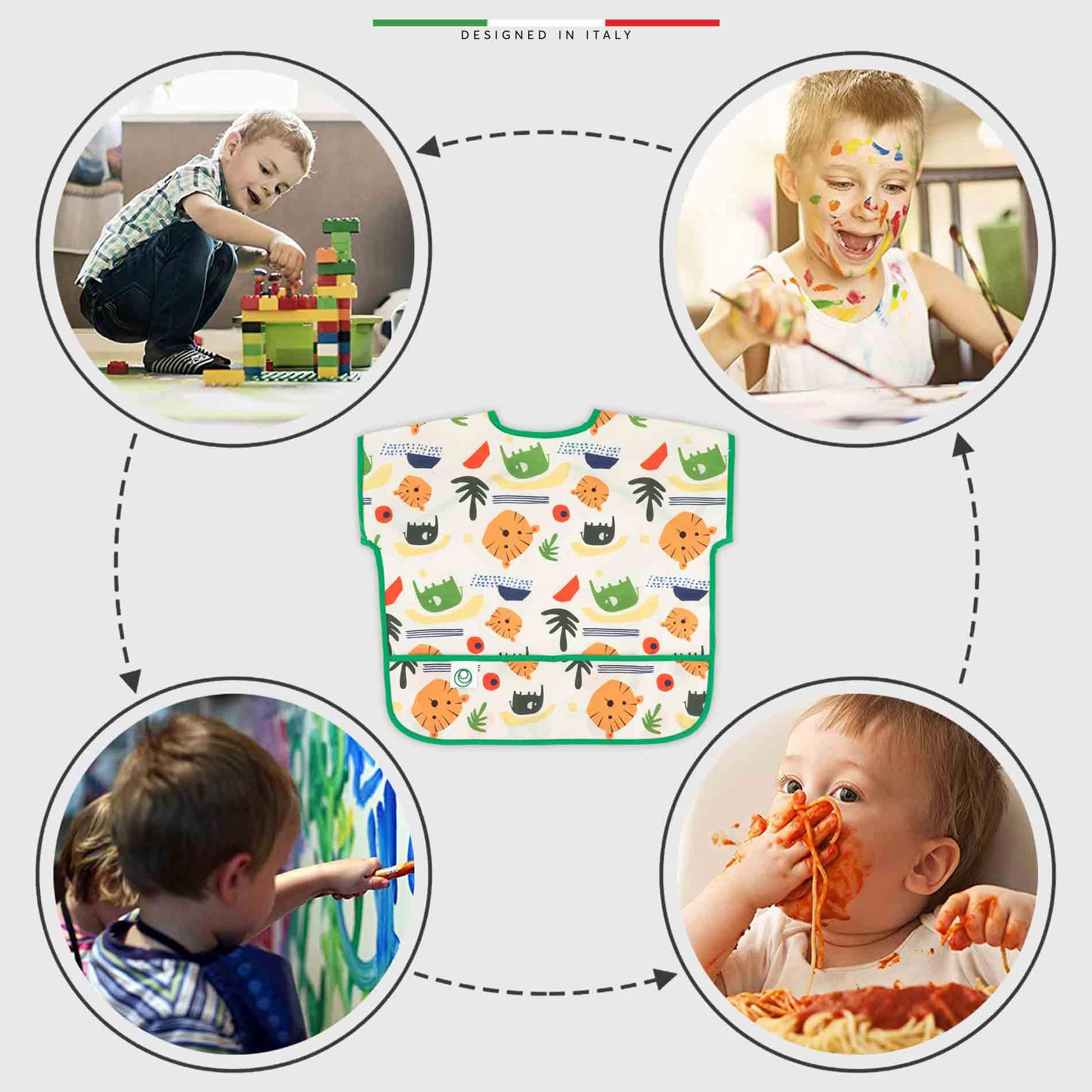 EleleLife Bebek Mama Önlüğü Sıvı Geçirmez Leke Tutmaz Cepli Kısa Kollu 12-36 Ay Animals