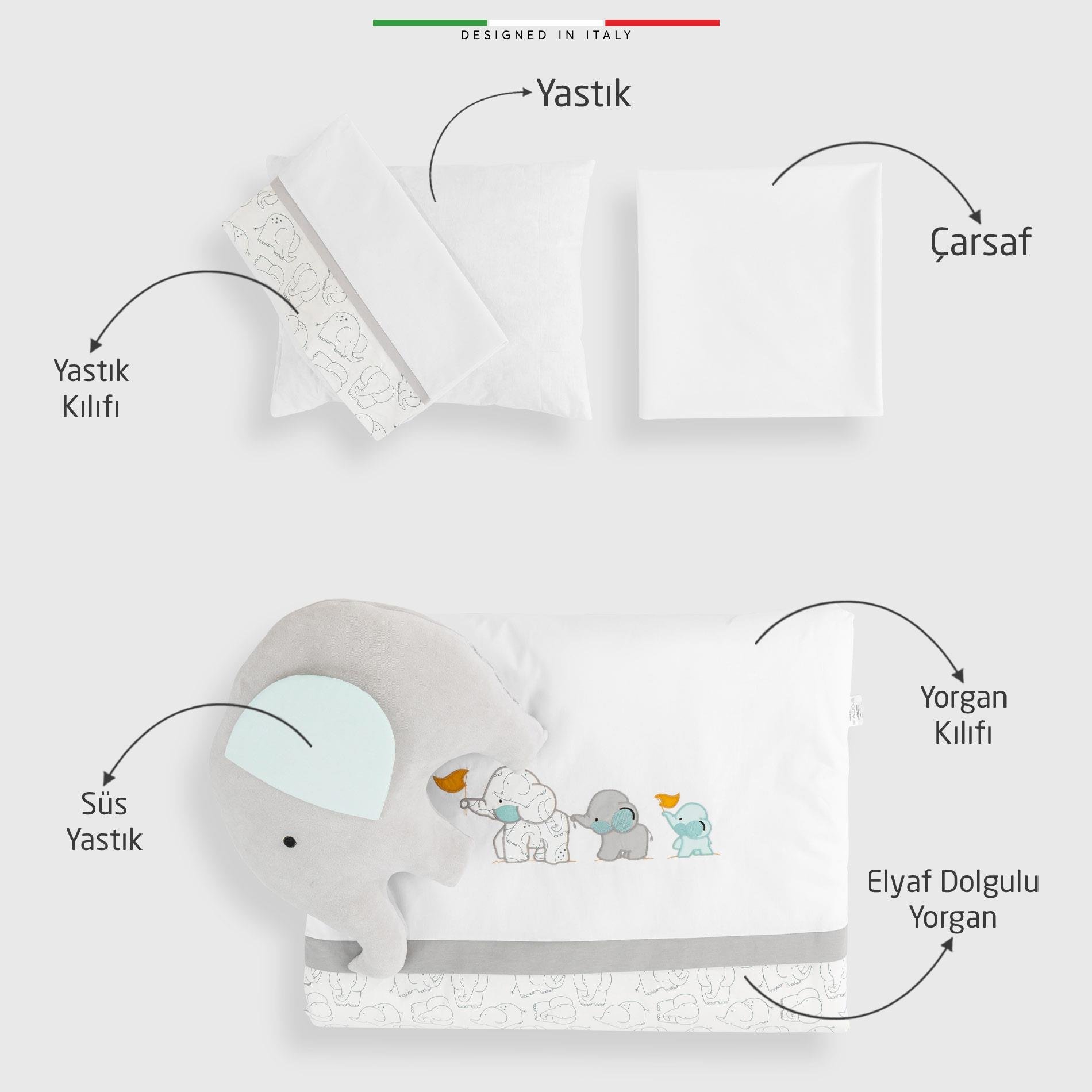 EleleLife Elephant 6 Parça Oyun Parkı Park Yatak Bebek Uyku Seti Beyaz