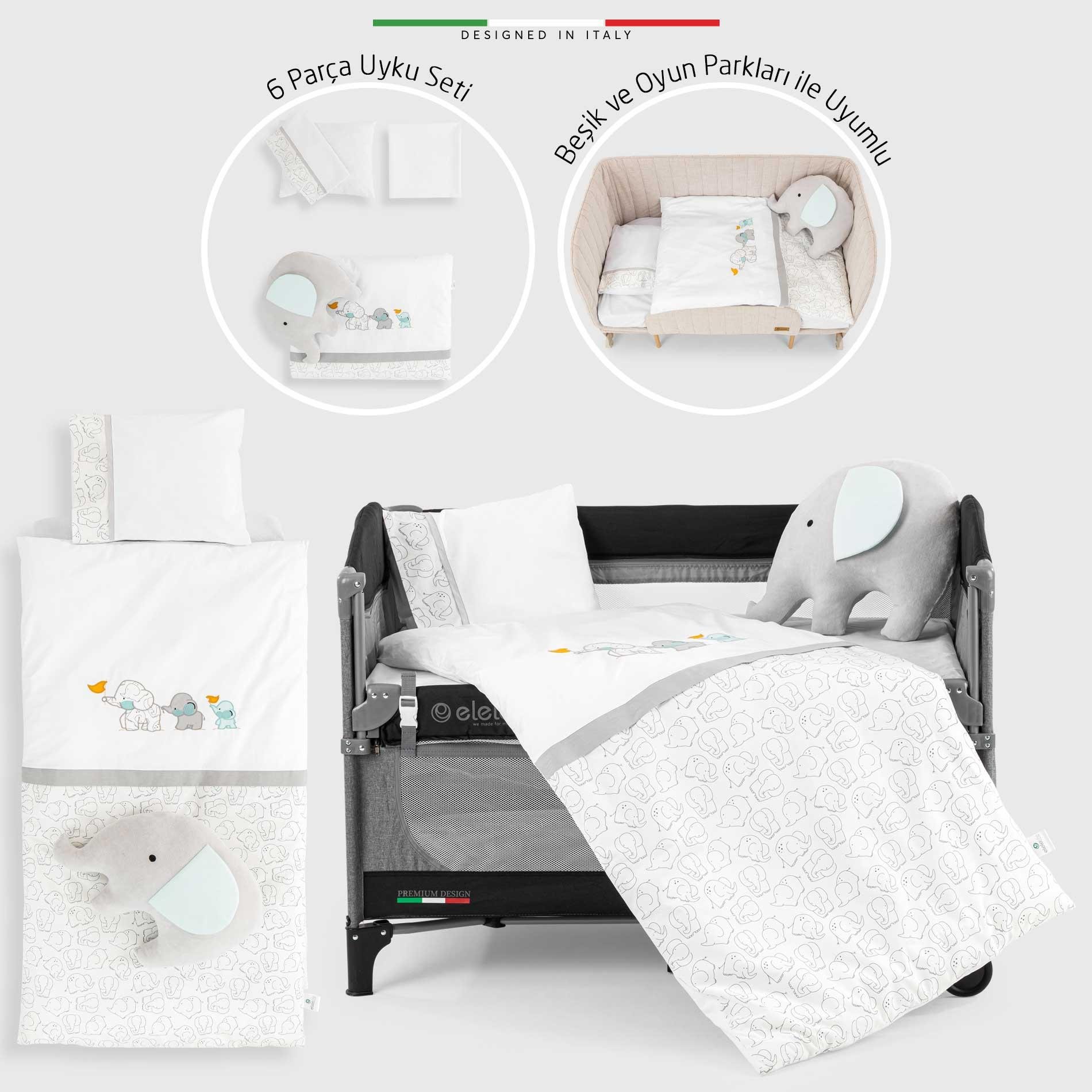 EleleLife Elephant 6 Parça Oyun Parkı Park Yatak Bebek Uyku Seti Beyaz