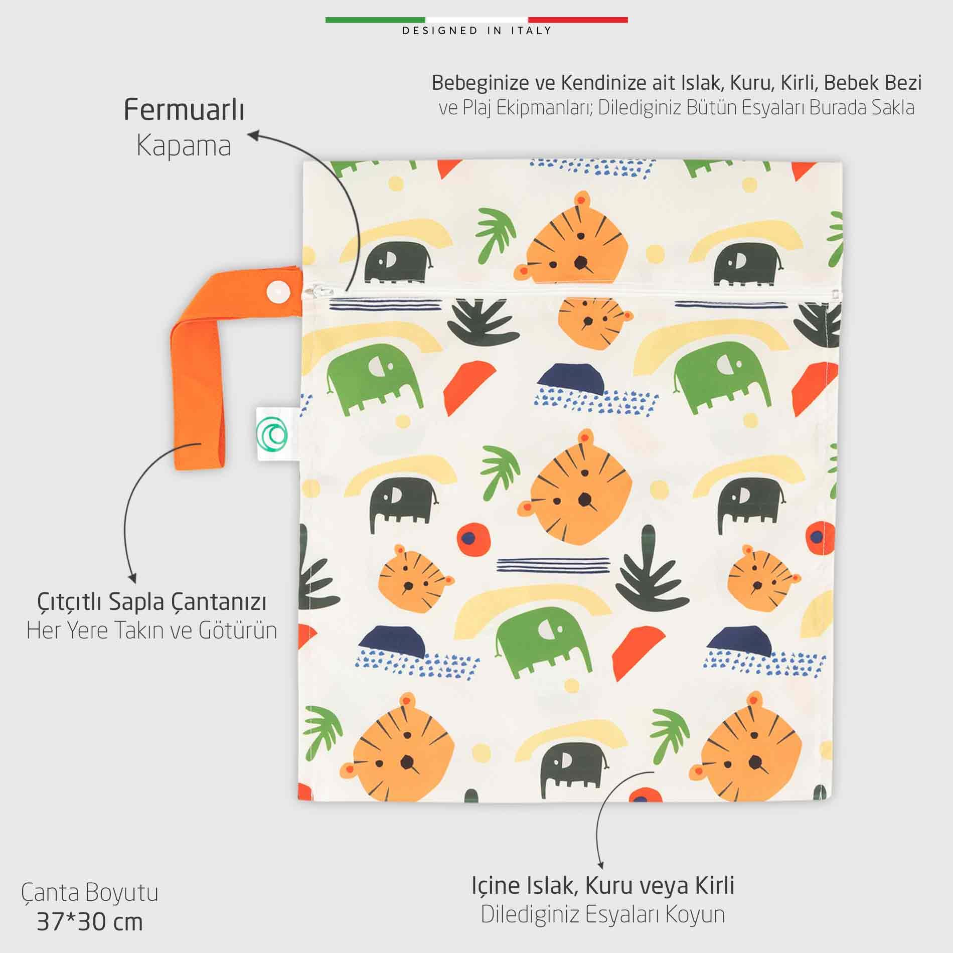 EleleLife Islak Kuru ve Kirli Bebek Çantası Sıvı Geçirmez XL Büyük Boy 37x30 cm Animals