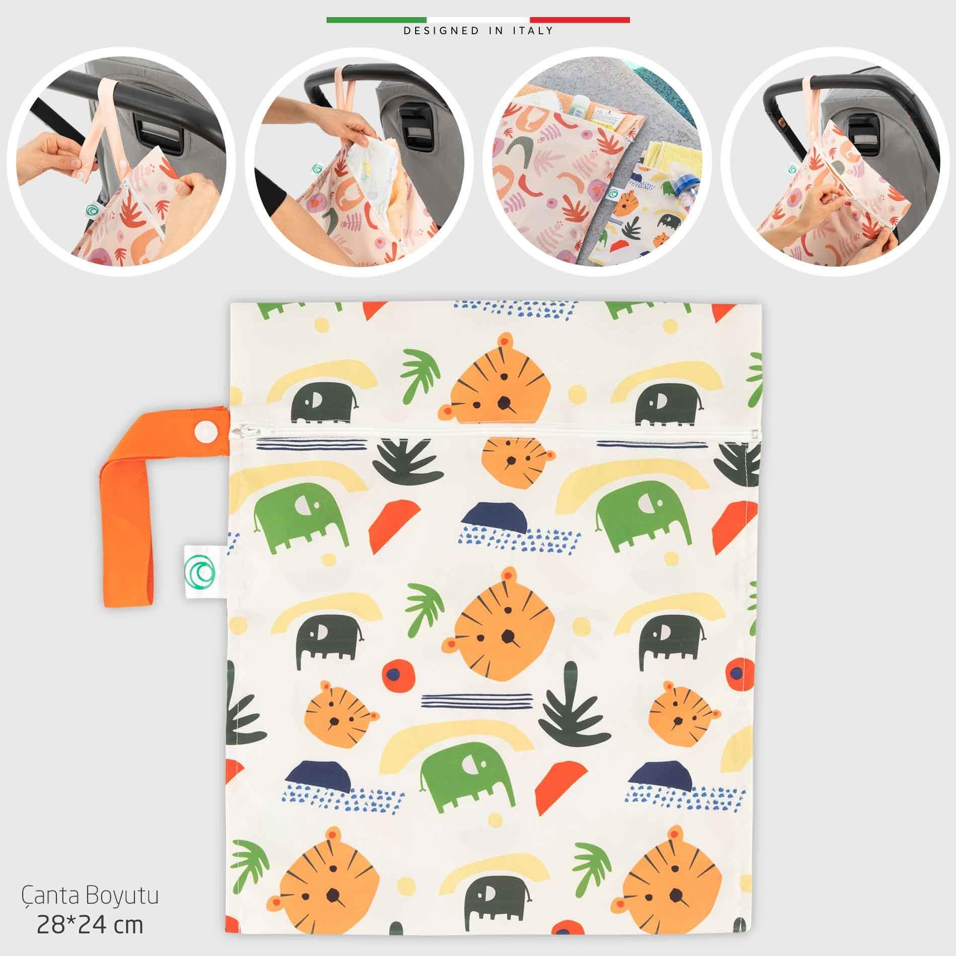EleleLife Islak Kuru ve Kirli Bebek Çantası Sıvı Geçirmez Büyük Boy 28x24 Cm Animals