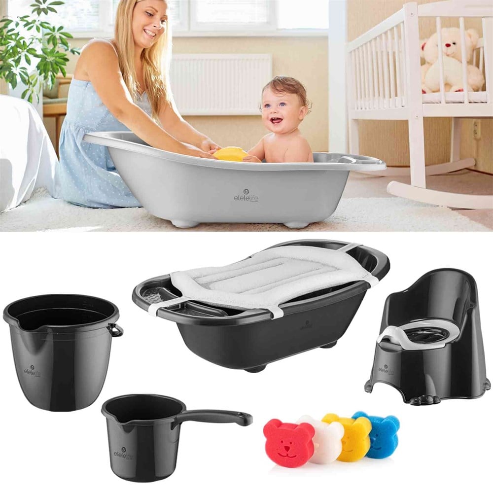 EleleLife Lüks 6 Parça Giderli Bebek Banyo Seti ve Küvet Seti Antrasit 