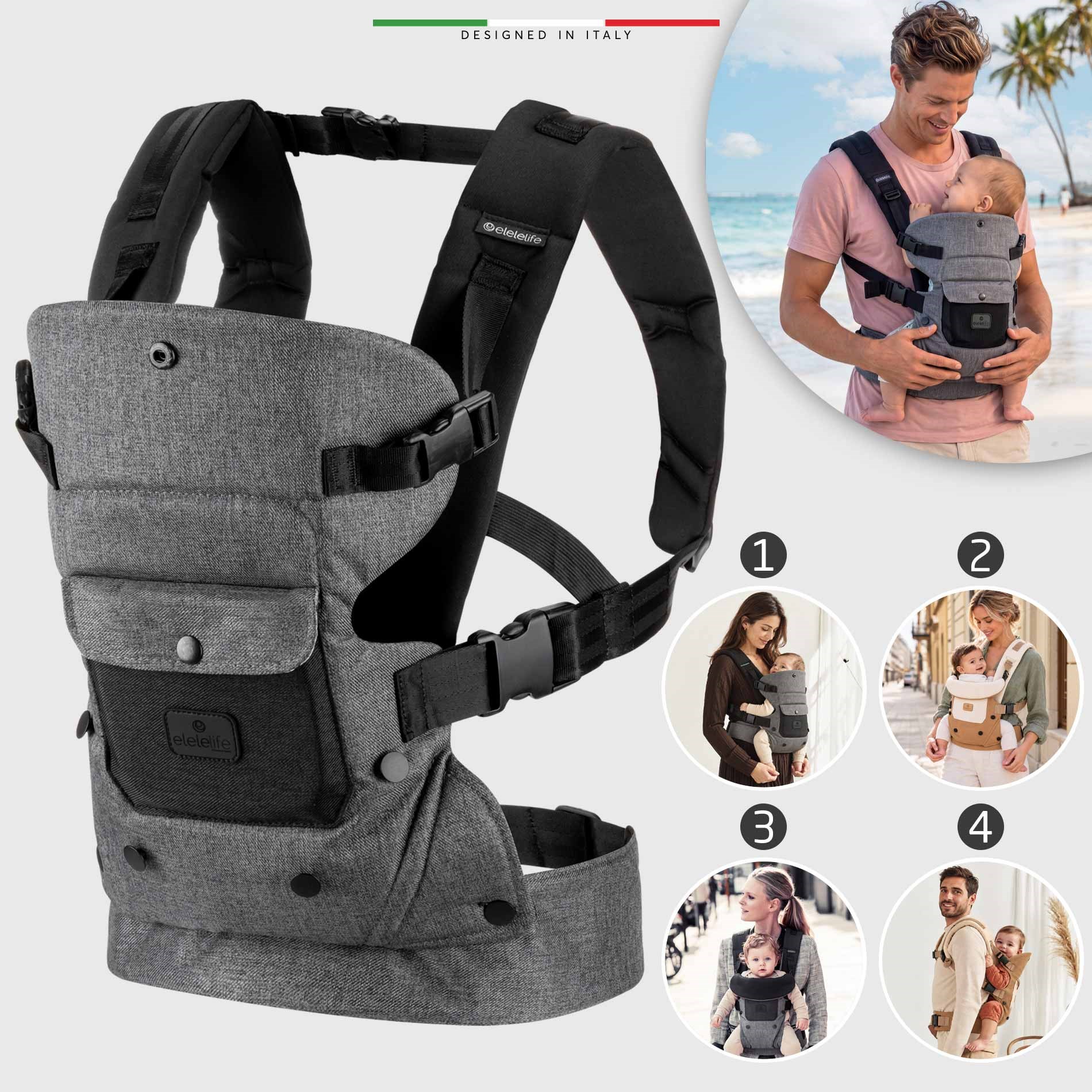 EleleLife Portami 4in1 Ergonomik Bebek Kanguru Siyah-Gri