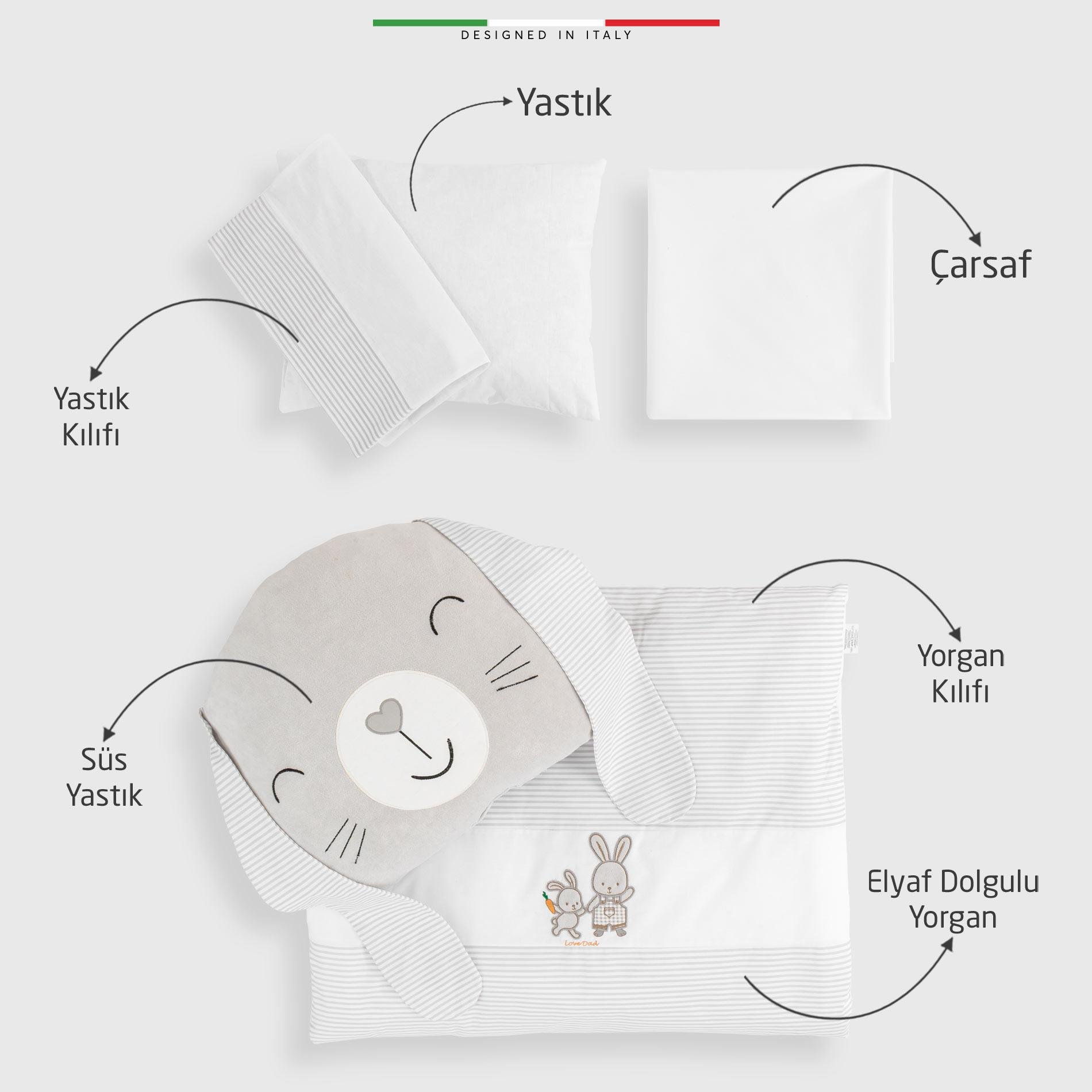 EleleLife Rabbit 6 Parça Oyun Parkı Park Yatak Bebek Uyku Seti Gri