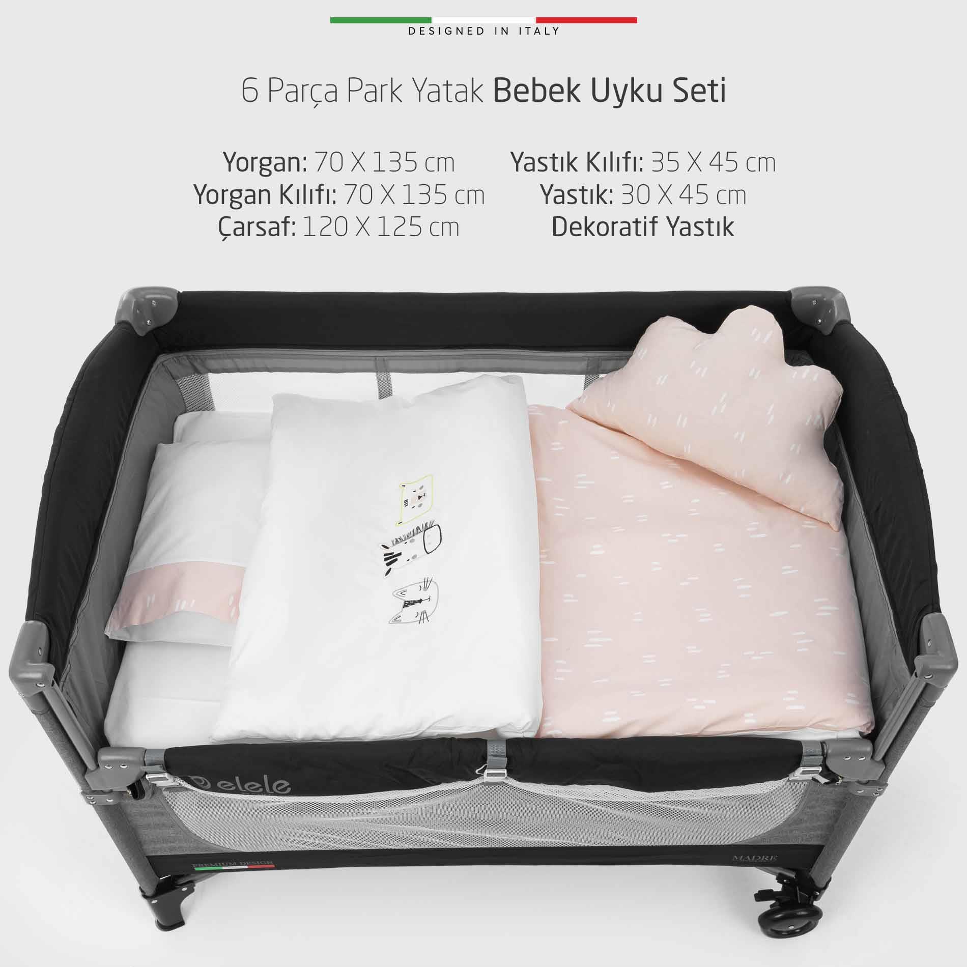 EleleLife Rain 6 Parça Oyun Parkı Park Yatak Bebek Uyku Seti Pudra