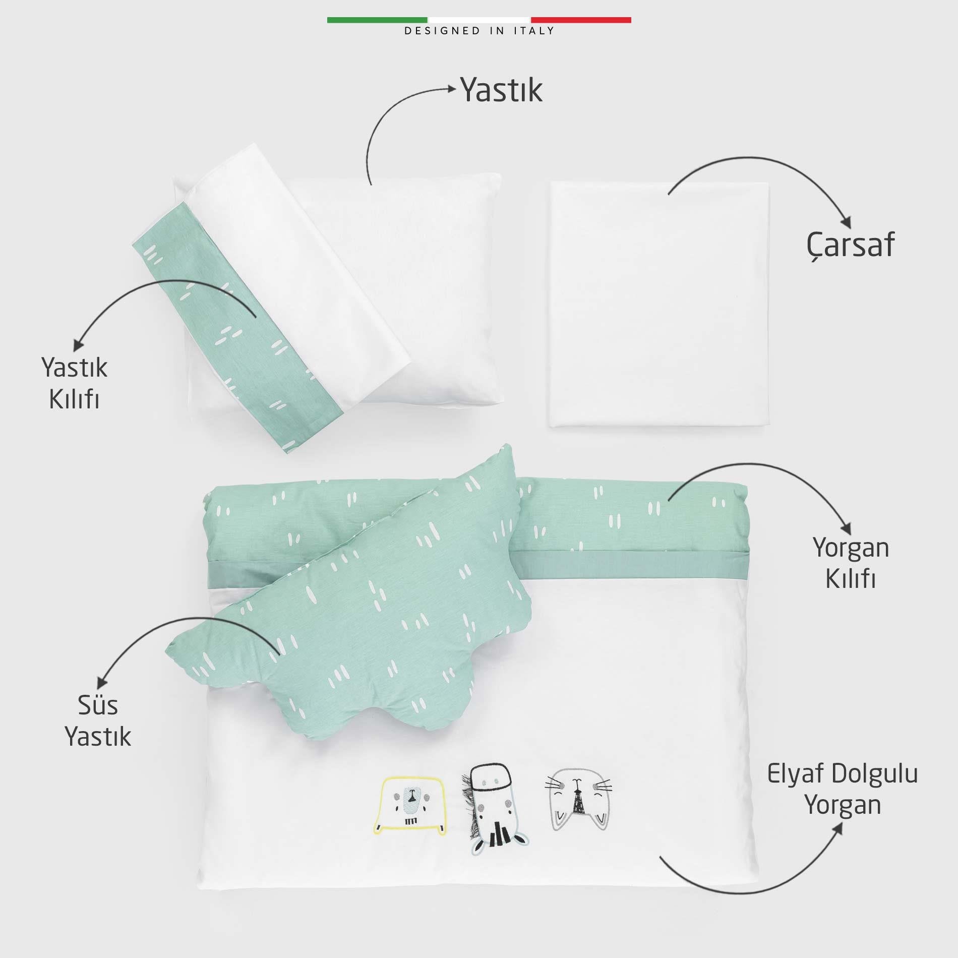 EleleLife Rain 6 Parça Oyun Parkı Park Yatak Bebek Uyku Seti Mint