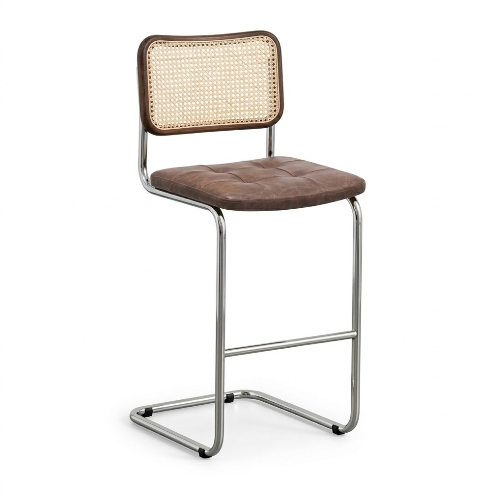 Kastra Cesca Çektirmeli Deri Minderli Bar Sandalyesi - Koyu Ceviz 