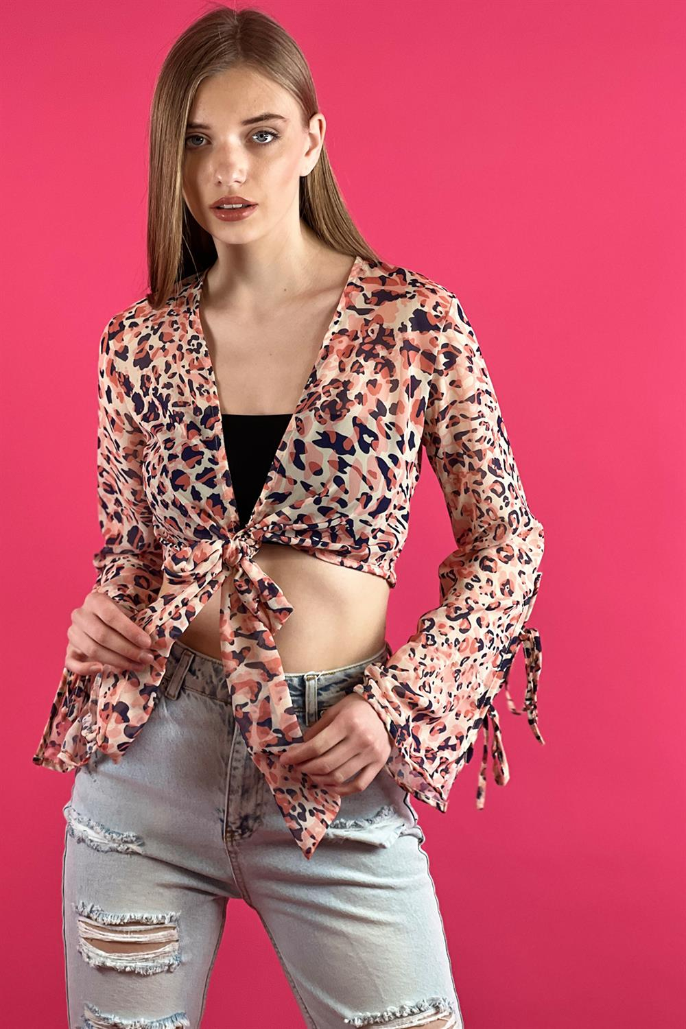 Bağcıklı İspanyol Uzun Kol Belden Bağcıklı Bolero Crop Bluz-29717-00